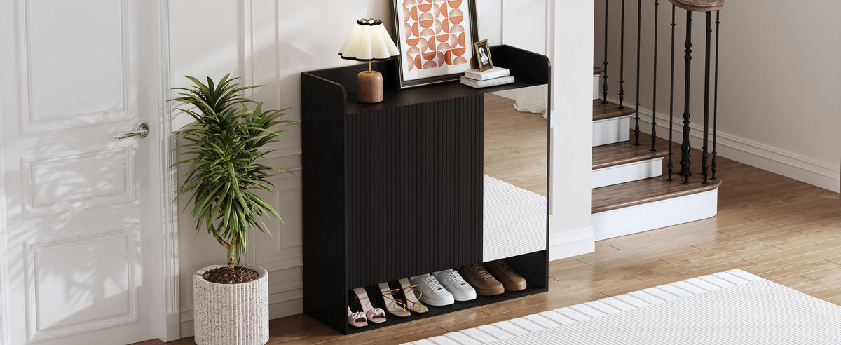 SCHUHSCHRANK Spiegel Streifen Struktur Stauraum - Schwarz, Holz (110/110/35.5cm) - LEBENLANG