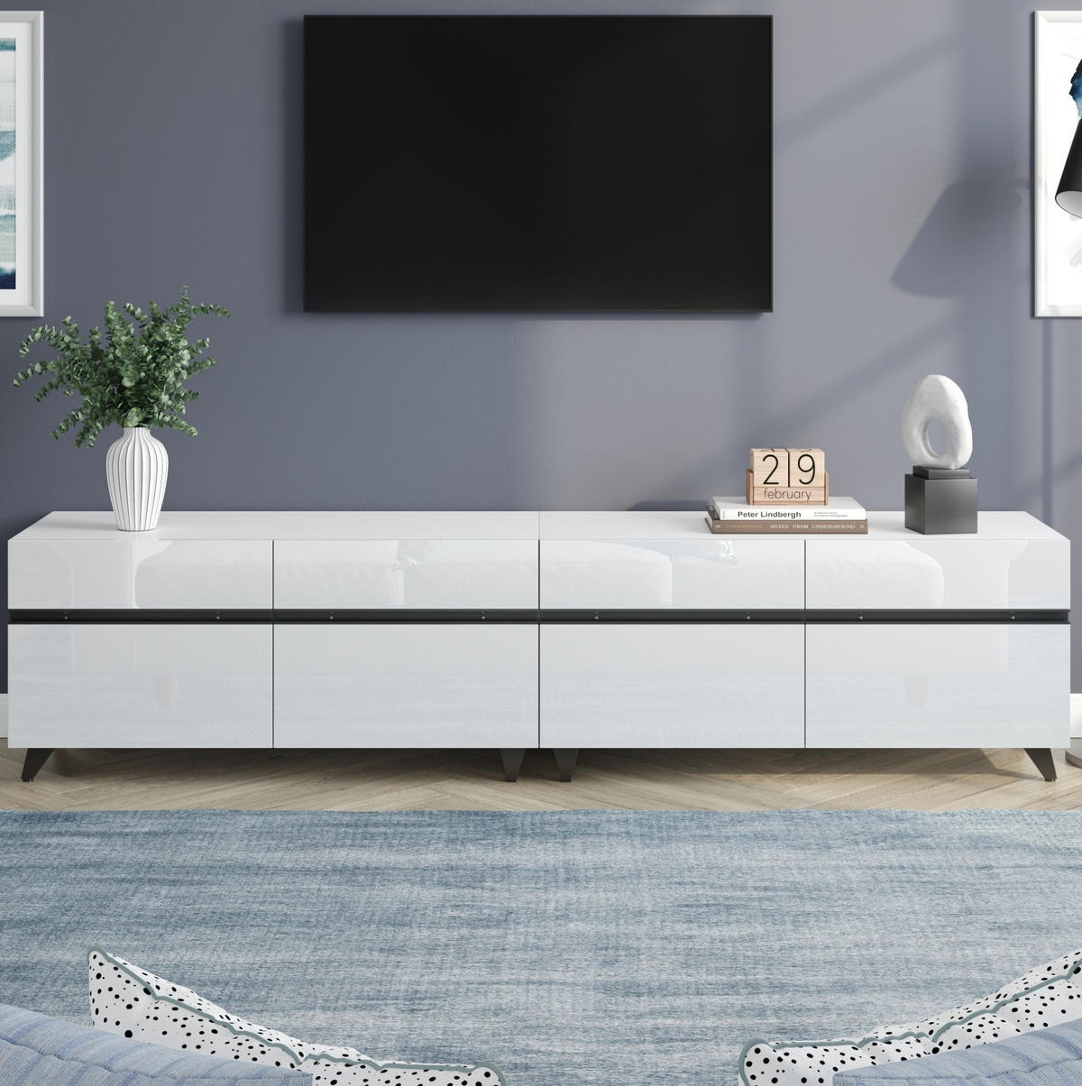 TV-LOWBOARD 180/40/49 cm mit 4 Schrankfächern und Hochglanzfront - Weiß, Holzwerkstoff (180/49/40cm) - BEAOK