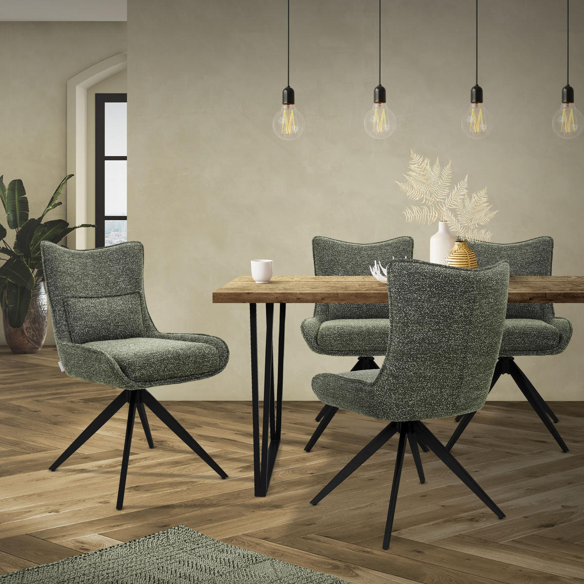 ESSZIMMERSTÜHLE 2er Set drehbar Küchenstühle gepolstert mit Webstoff-Bezug Grün - Schwarz/Grün, Textil/Metall (54/90/64cm) - ML-DESIGN