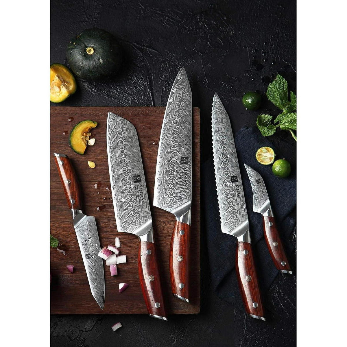 KÜCHENMESSER Set 5-teilig Damaststahl Rosenholz Griff - Multicolor, Holz