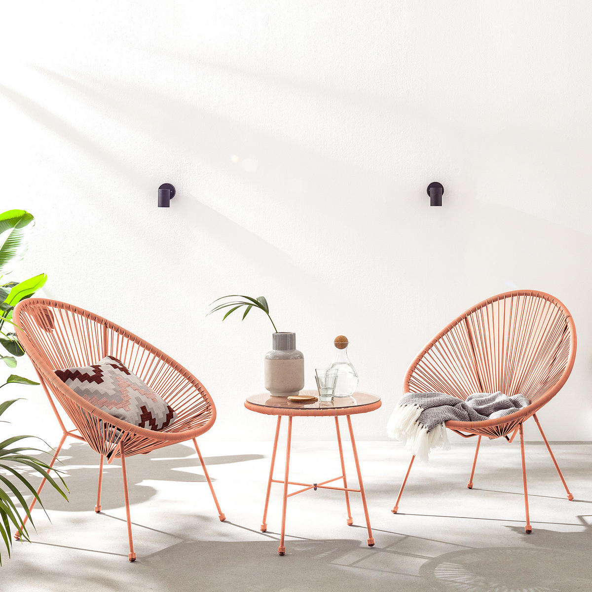 SITZGRUPPE - Stahl / Polyrattan - 3-teilig - Rosa, Glas/Kunststoff - home24