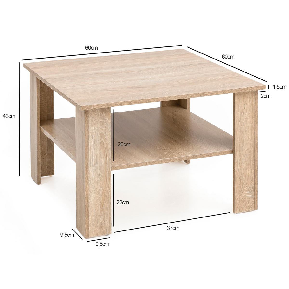 COUCHTISCH NOEMI Wohnzimmertisch - Sonoma Eiche, Holzwerkstoff (60/60/42cm) - tinkaro