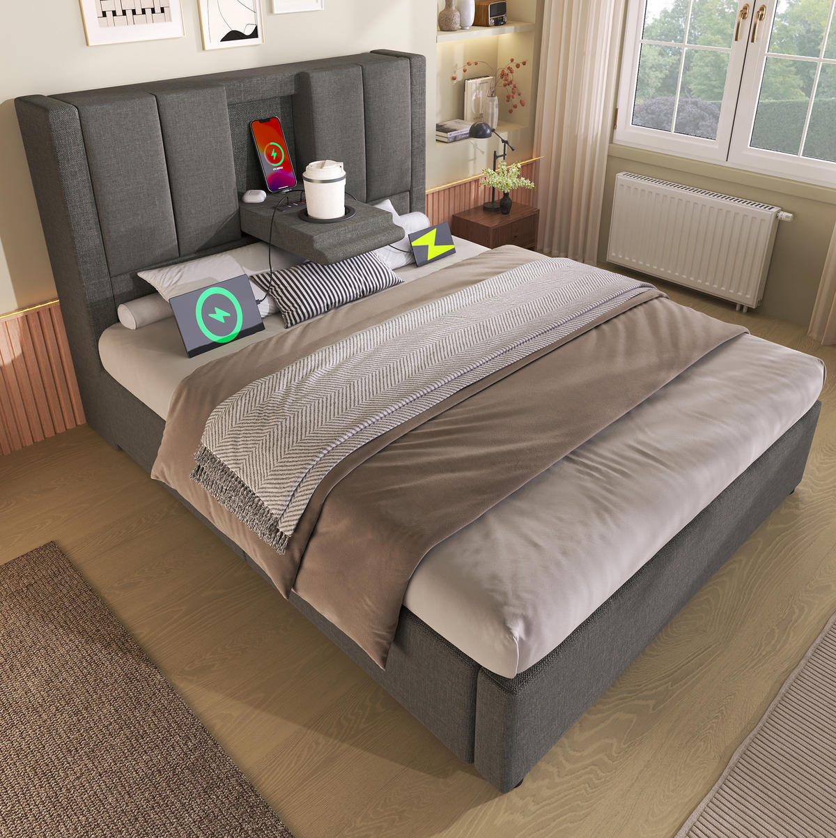 POLSTERBETT mit Stauraum und Ladestation 90x200 cm Leinen Grau - Grau, Metall (90/200cm) - Meubliv