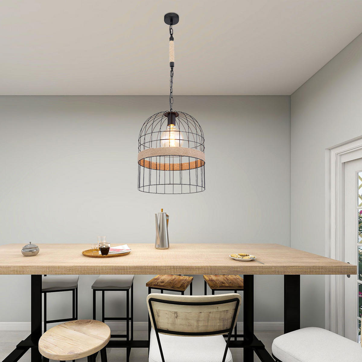 LED HÄNGELAMPE HALIA Schwarz Hanfseil - Schwarz, Metall (35/35/140cm) - Globo Lighting