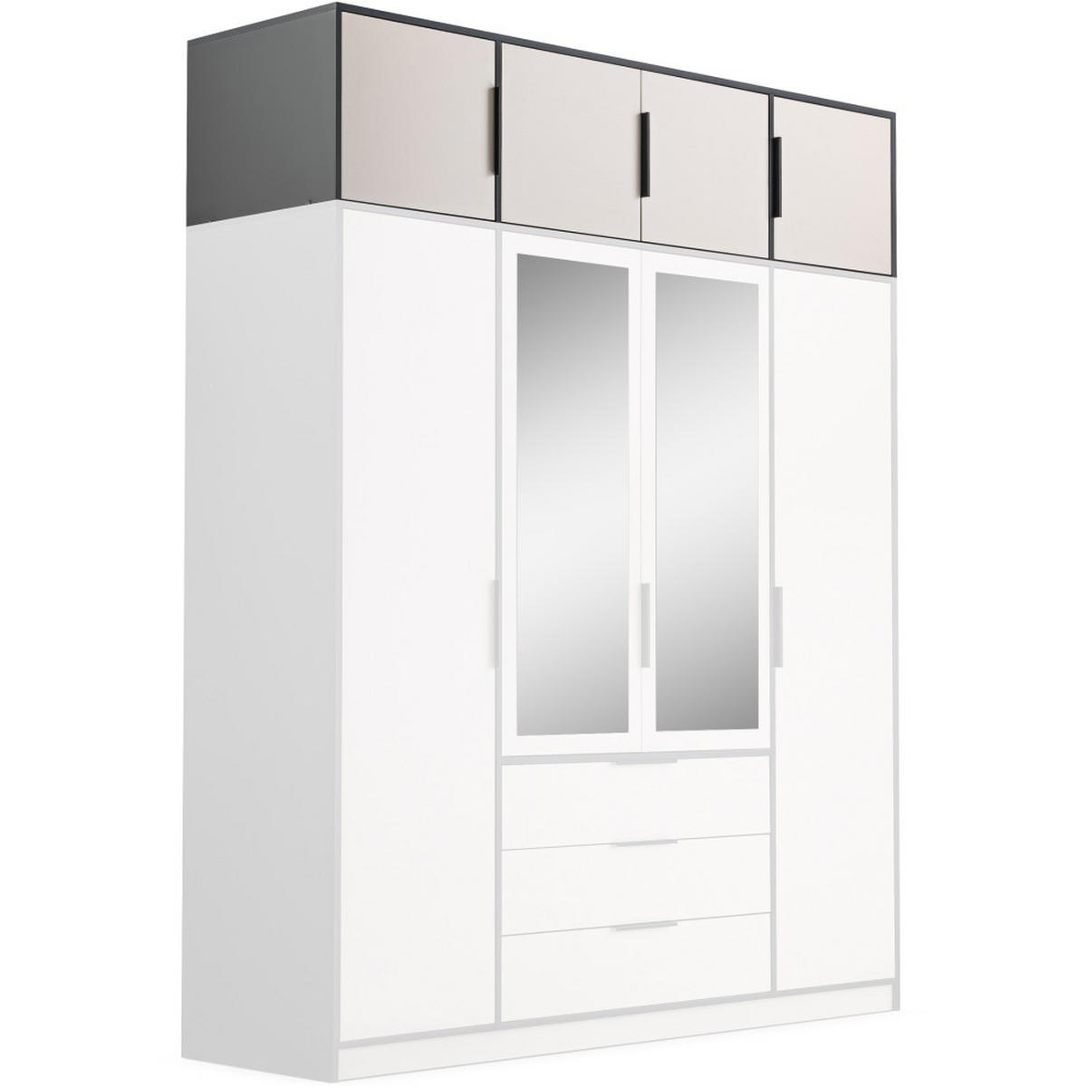 DREHTÜRENSCHRANK Livo mit 4 Türen und 3 Schubladen, mit Schrankaufsatz, kaschmir+schwarz, 200 cm - Kaschmir/Schwarz, Holzwerkstoff (200/245/57cm) - Beautysofa