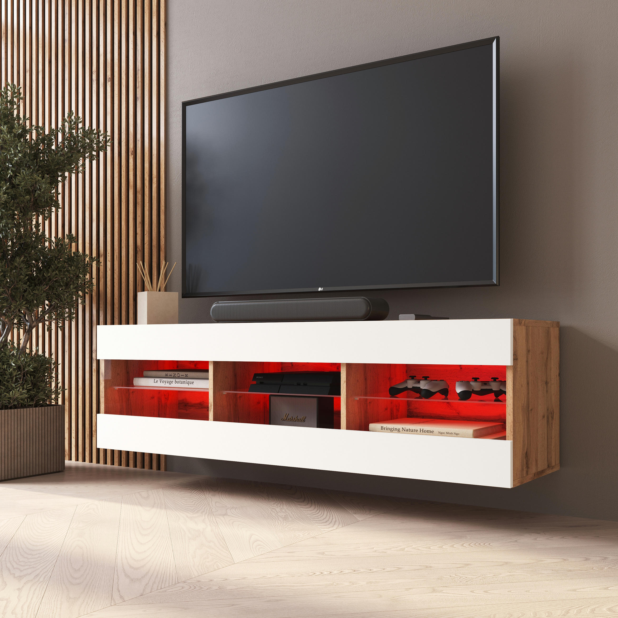 Thumbnail - Komodee Lowboard, Eiche Wotan, Weiß, Glas, 3 Fächer, Rechteckig, 140x40.5x35.5 cm, Wohnzimmer, Wohnwände, Lowboards, Low...