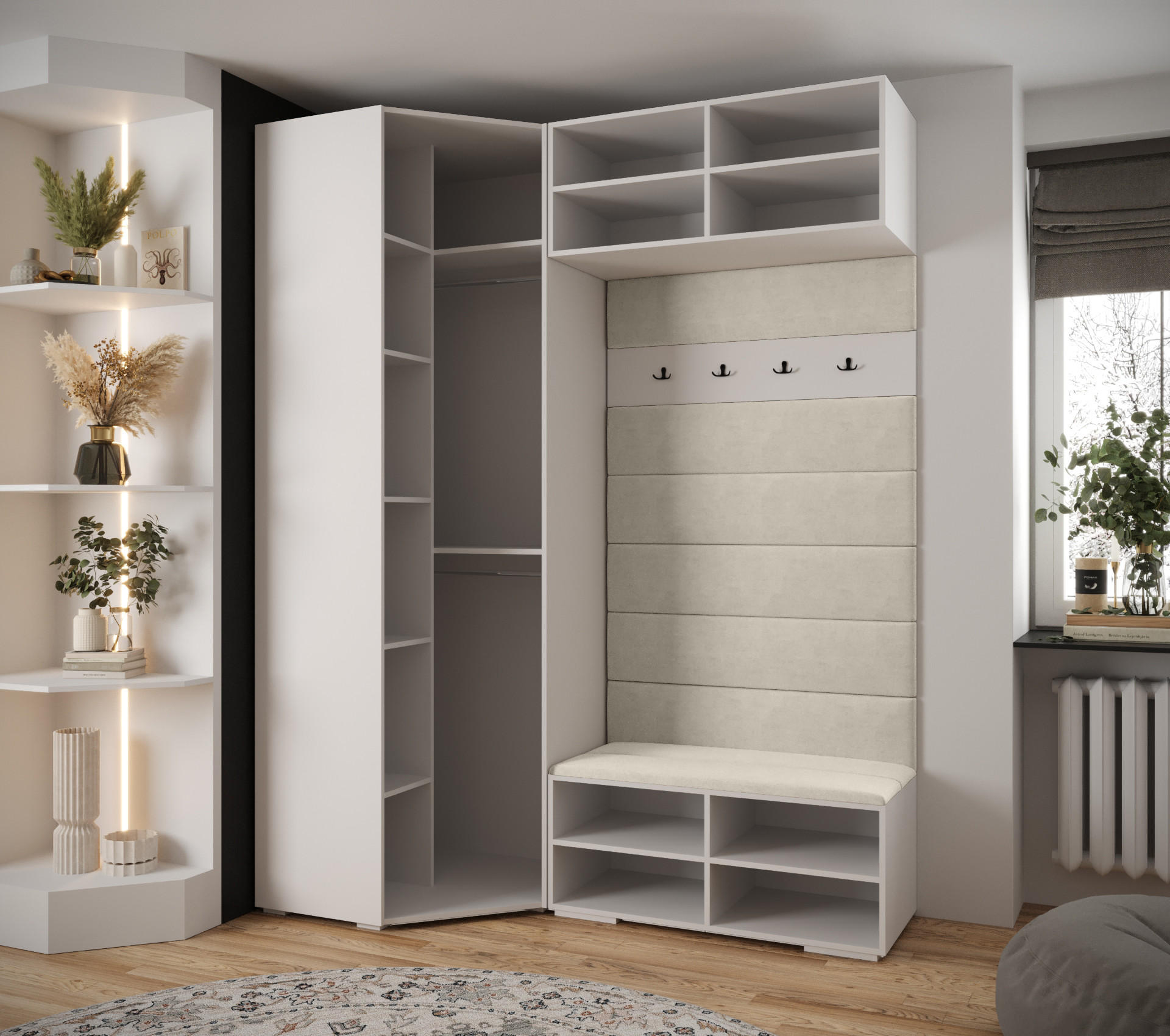 Thumbnail - Abiks Möbel Garderoben-Set, Weiß, Grau, Gold, Metall, Nachbildung, 2-Sitzer, 11 Fächer, 181.7x236.7x47 cm, Garderobe, Ga...