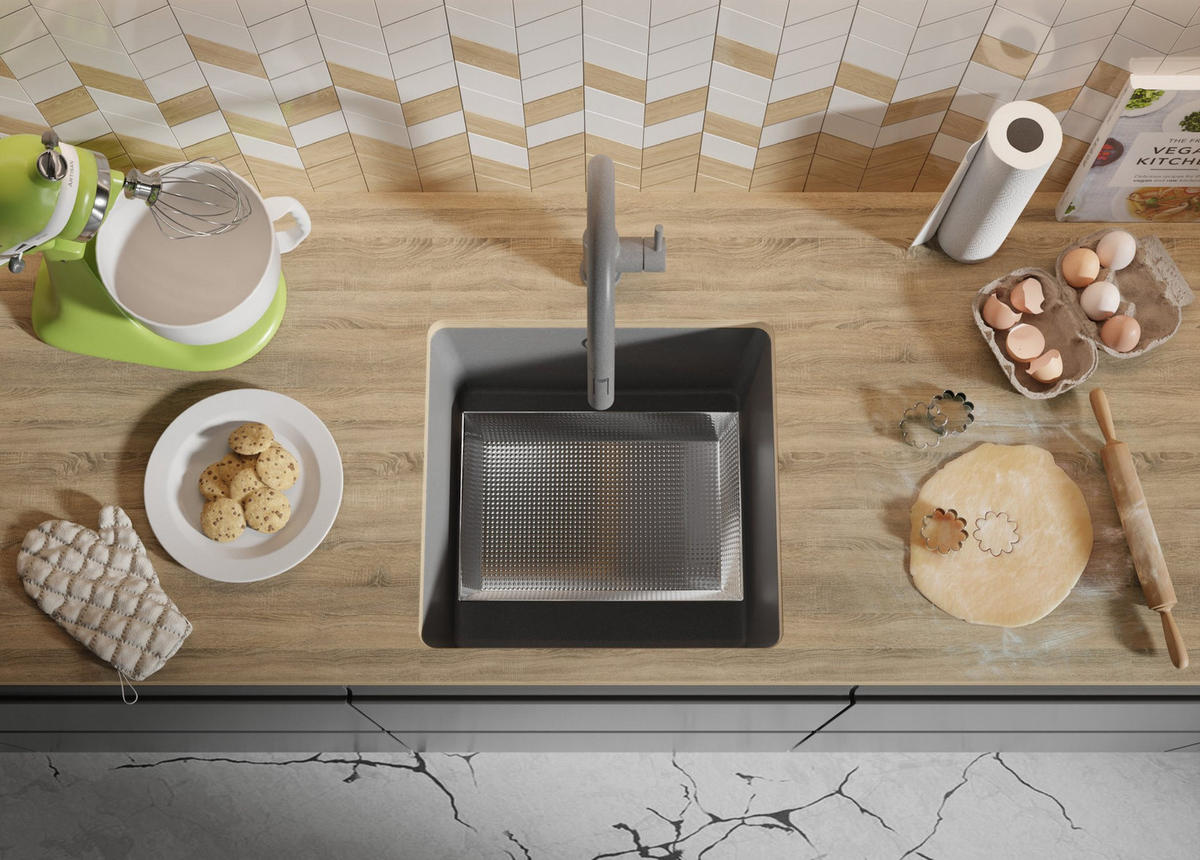 UNTERBAUSPÜLE GRANIT Venedig Easy, 2-er set Grau 46/44 cm 1 Becken + Ablauf-Set ab 50er Unterschrank - Chromfarben/Grau, Kunststoff (46/20/44cm) - Primagran