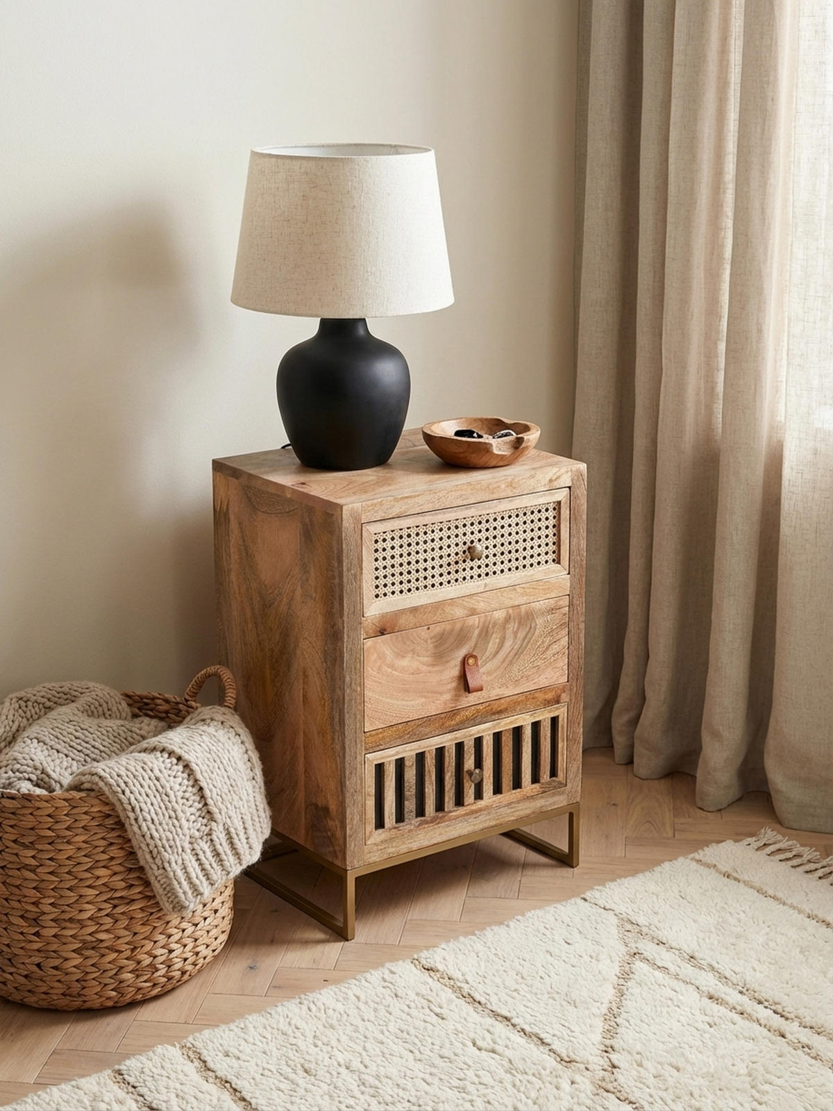 NACHTTISCH – Mango Massivholz/Rattan, 3 Schubladen, für Boxspringbett - Goldfarben/Braun, Holz/Metall (40/60/30cm) - KADIMA DESIGN