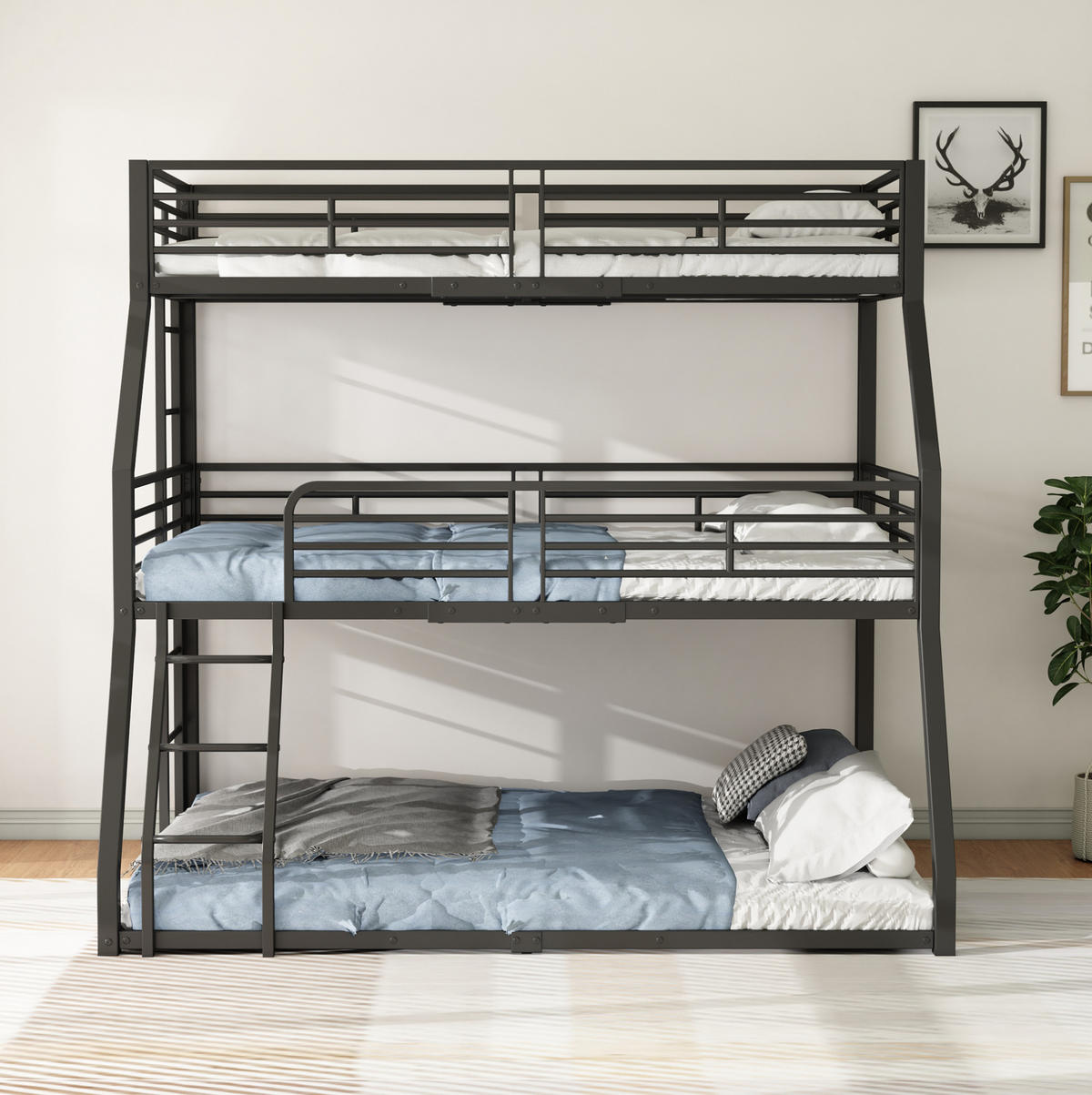 ETAGENBETT 90/200 cm aus Metall mit 3 Schlafplätzen und Sicherheitsgeländern - Schwarz, Metall (90/200cm) - BEAOK