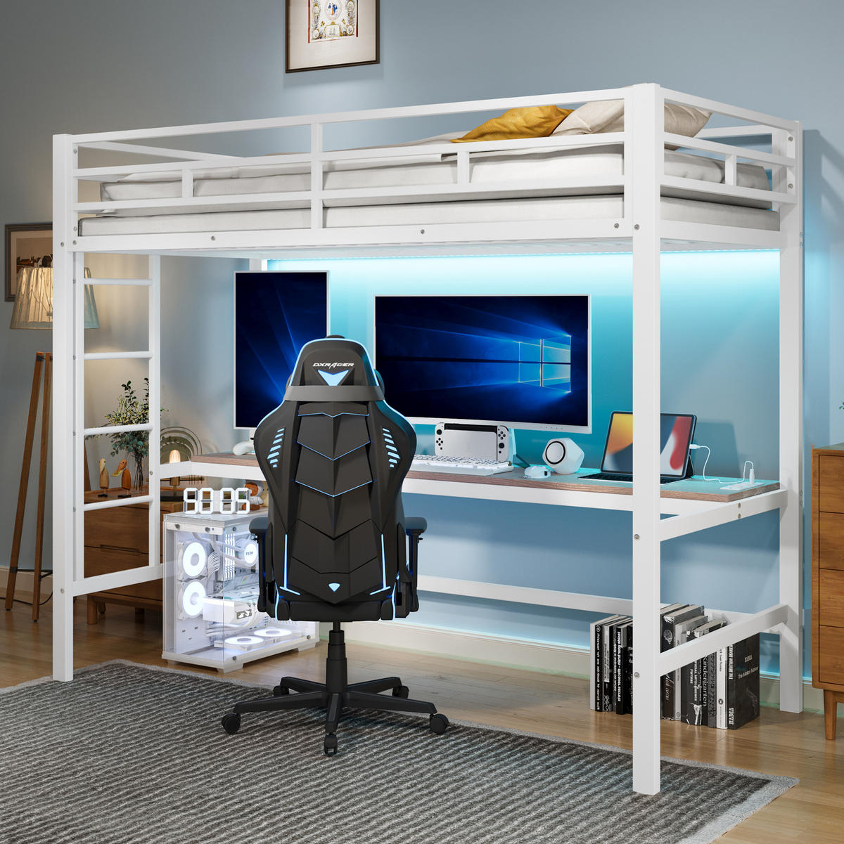 HOCHBETT 90/200 cm, Weiß mit Lerntisch, Trittleiter und Geländer - Weiß, Metall (90/200cm) - MIVRAY