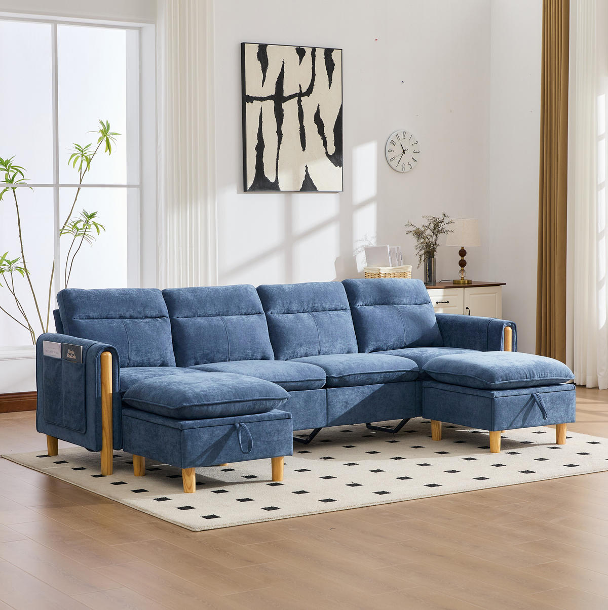SOFA-SET U-Form mit Stauraum 261 cm Chenille Blau 4-Sitzer - Blau, Holz (77/86/261cm) - Meubliv