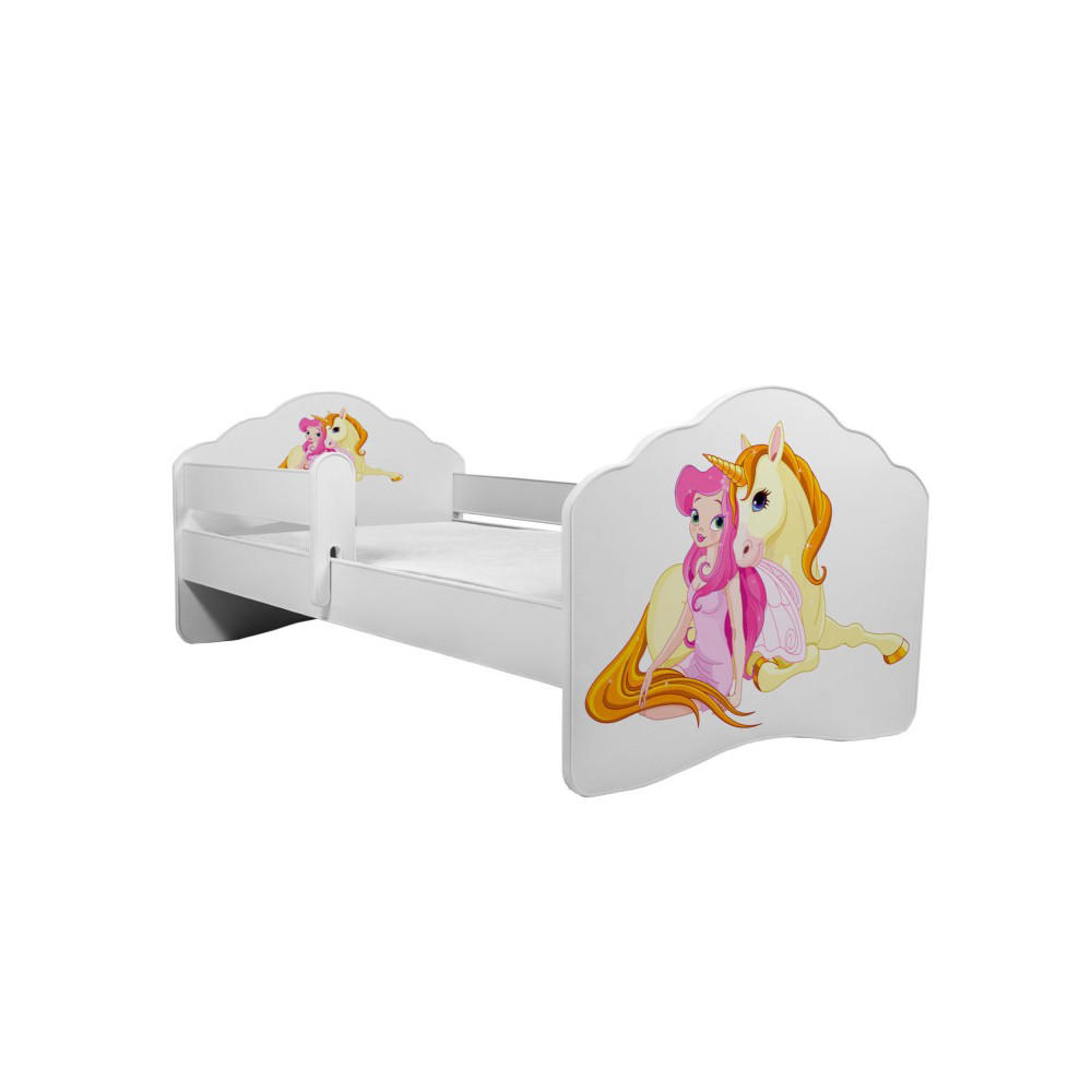 KINDERBETT Casimo weiß / Motiv Elfe mit Einhorn 88 / 164 / 63cm - Pink/Gelb, Holz/Holzwerkstoff (80/160cm) - Feldmann-Wohnen