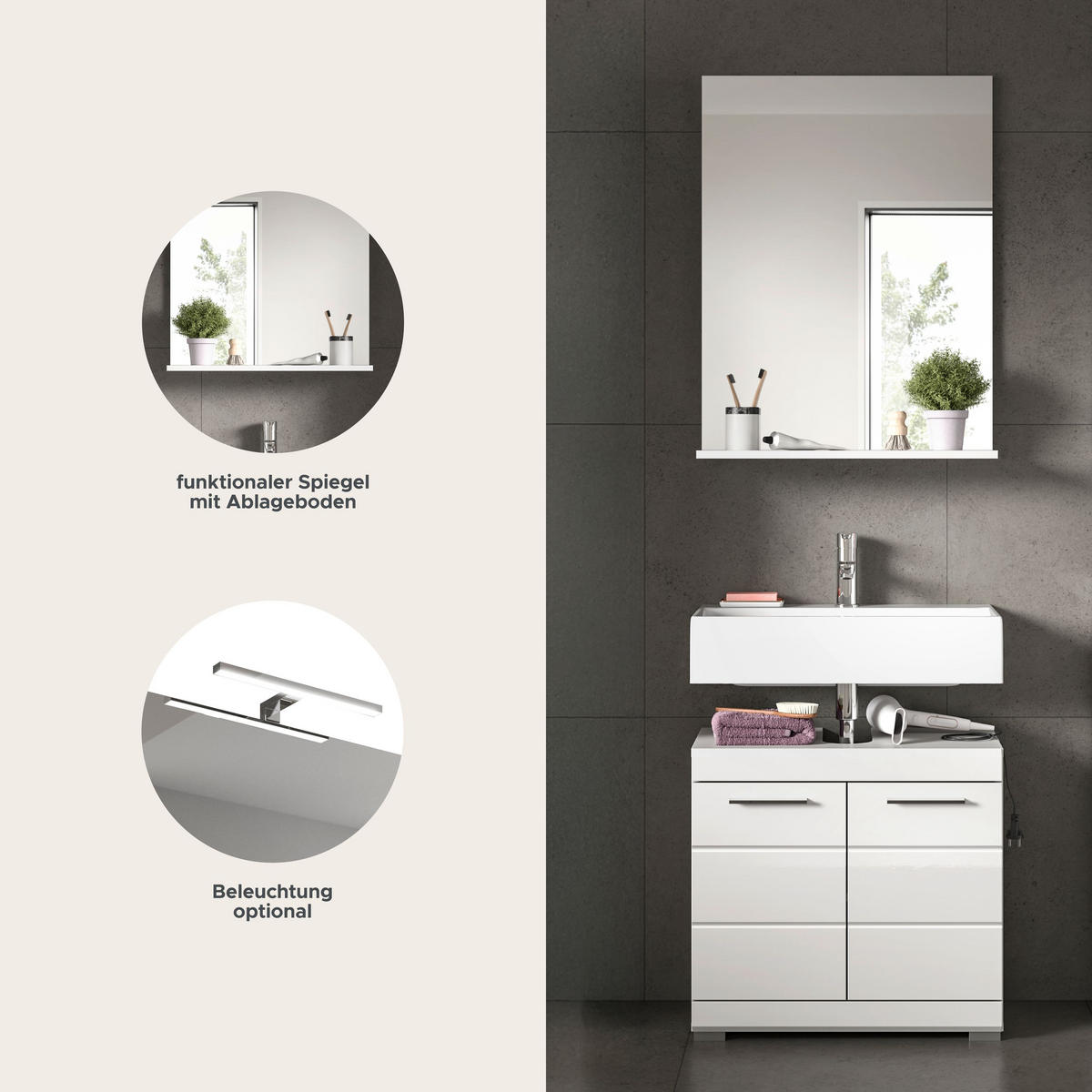 BADKOMBINATION 2tlg. Scout Bad in weiß Nachbildung und weiß hochglanz B/H/T: 60x191x34 cm - Weiß, Holz (60/191/34cm)