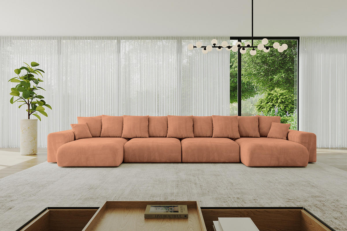 WOHNLANDSCHAFT mit Schlaffunktion ESKAR-U2-464x176x84cm Apricot - Koralle, Holzwerkstoff/Kunststoff (176/72/464cm) - ALTDECOR