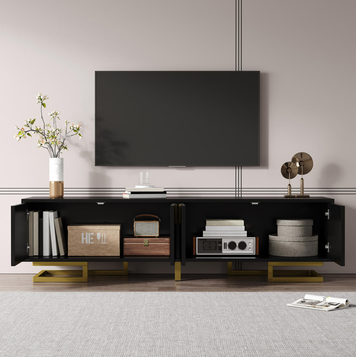 TV-LOWBOARD 160/38/44,5 cm mit 4 Türen und Soft-Close in Schwarz - Schwarz, Holzwerkstoff (160/44.5/38cm) - BEAOK