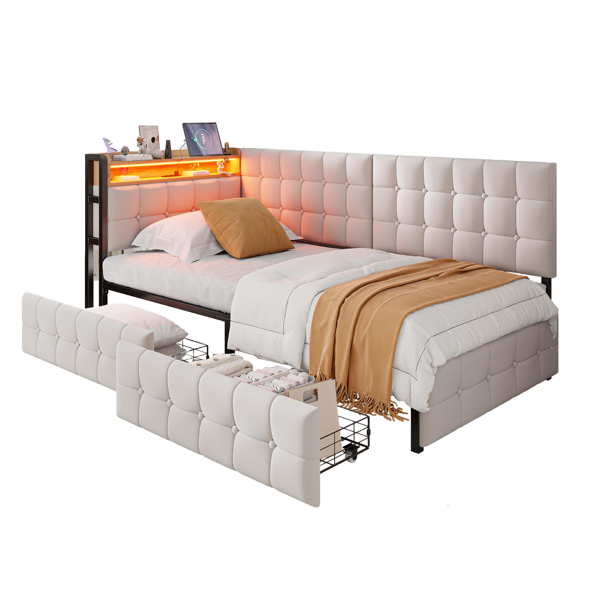 POLSTERBETT aus Samt 90x200 cm Beige mit 2 Schubladen, LED-Lichtleiste, USB- und Typ-C-Anschluss - Beige, Textil (90/200cm) - Modfu