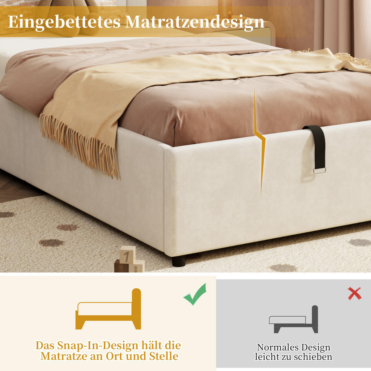 POLSTERBETT 90x200 Samt Lattenrost Kopfteil Beige - Beige, Holzwerkstoff - FLIEKS