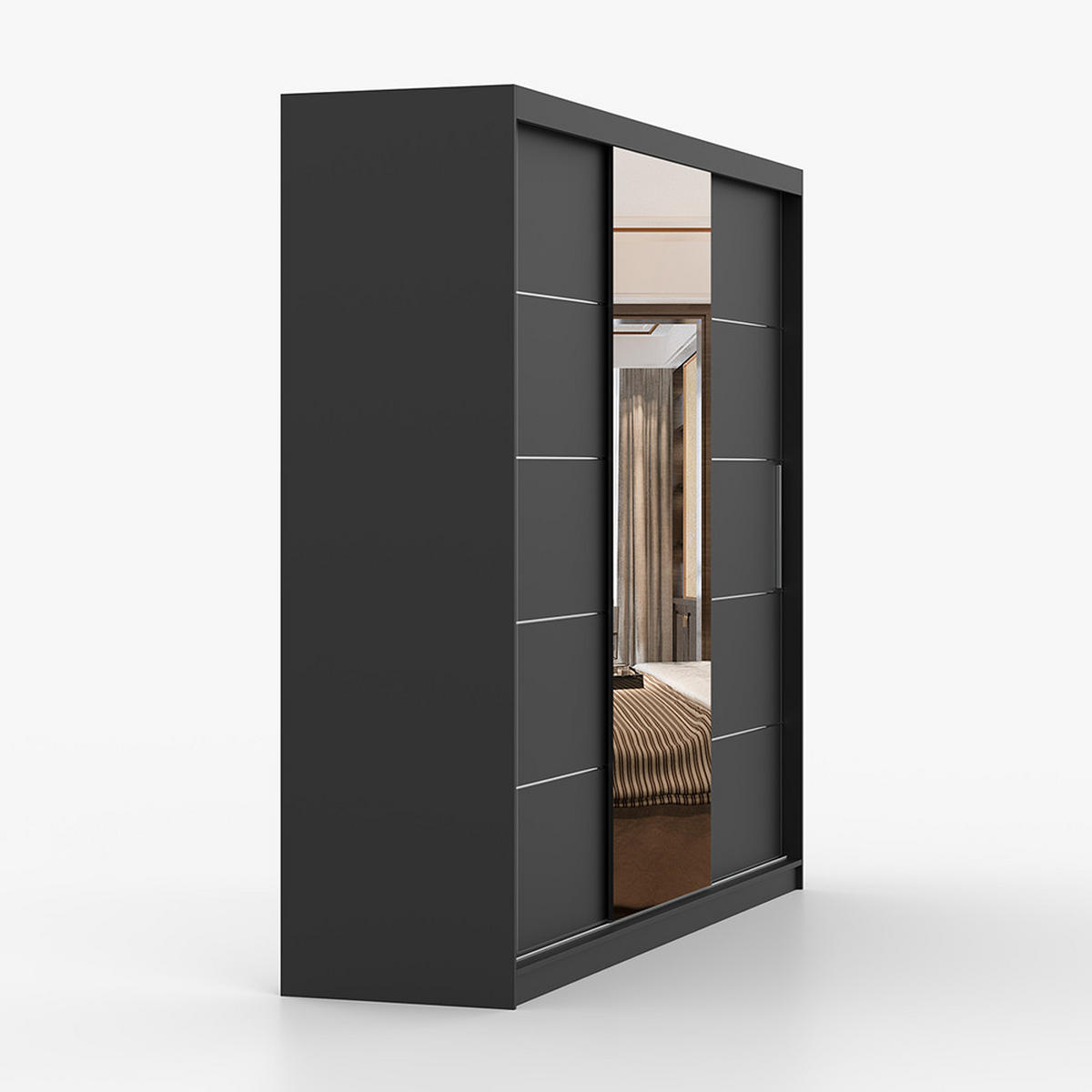 SCHWEBETÜRENSCHRANK Alba Schwarz/Schwarz + Spiegel, ohne LED Beleuchtung 250 cm - Alufarben/Schwarz, Glas/Holzwerkstoff (250/218/61cm) - imoebel24