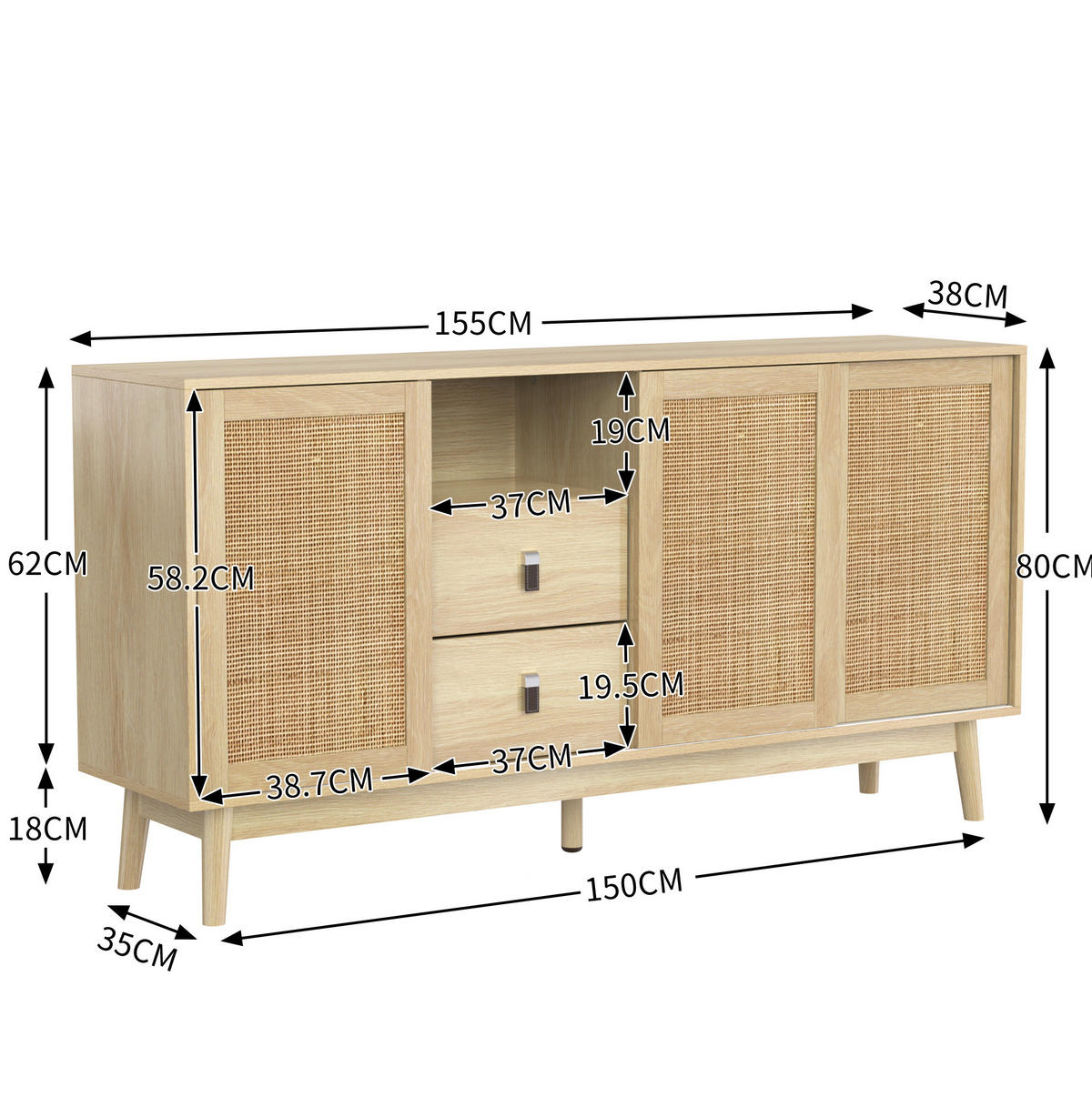 KOMMODE aus MDF & Spanplatte 155x38x80cm in Naturfarben mit Schiebetüren - Naturfarben, Holzwerkstoff (155/80/38cm) - Modfu