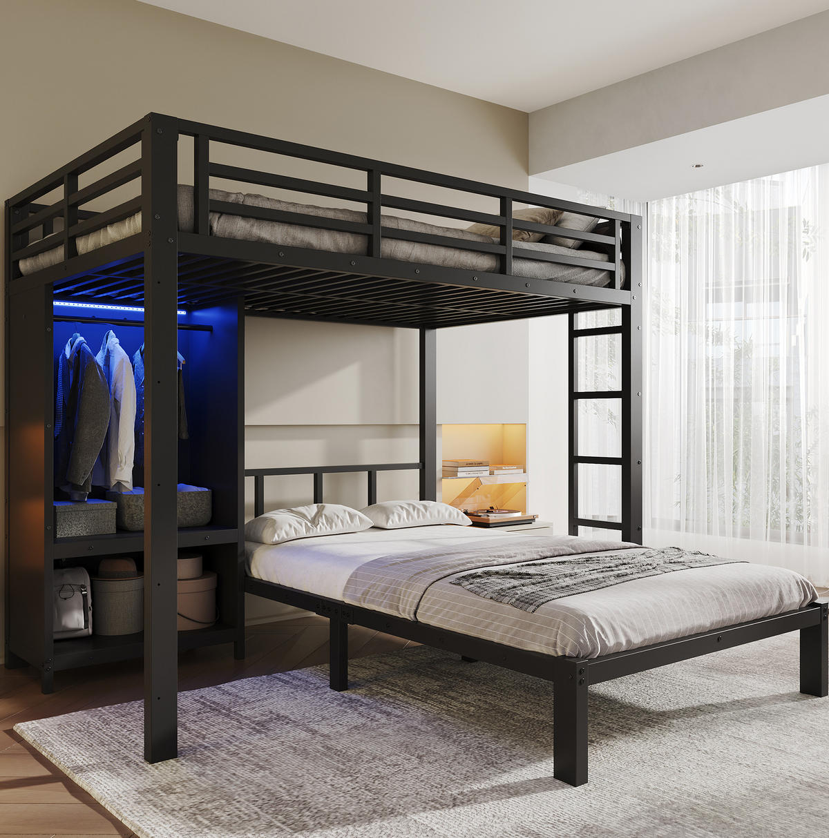 ETAGENBETT aus Metall und Holz 120x200 cm Schwarz mit Kleiderschrank und LED-Beleuchtung - Schwarz, Metall (120/200cm) - Modfu