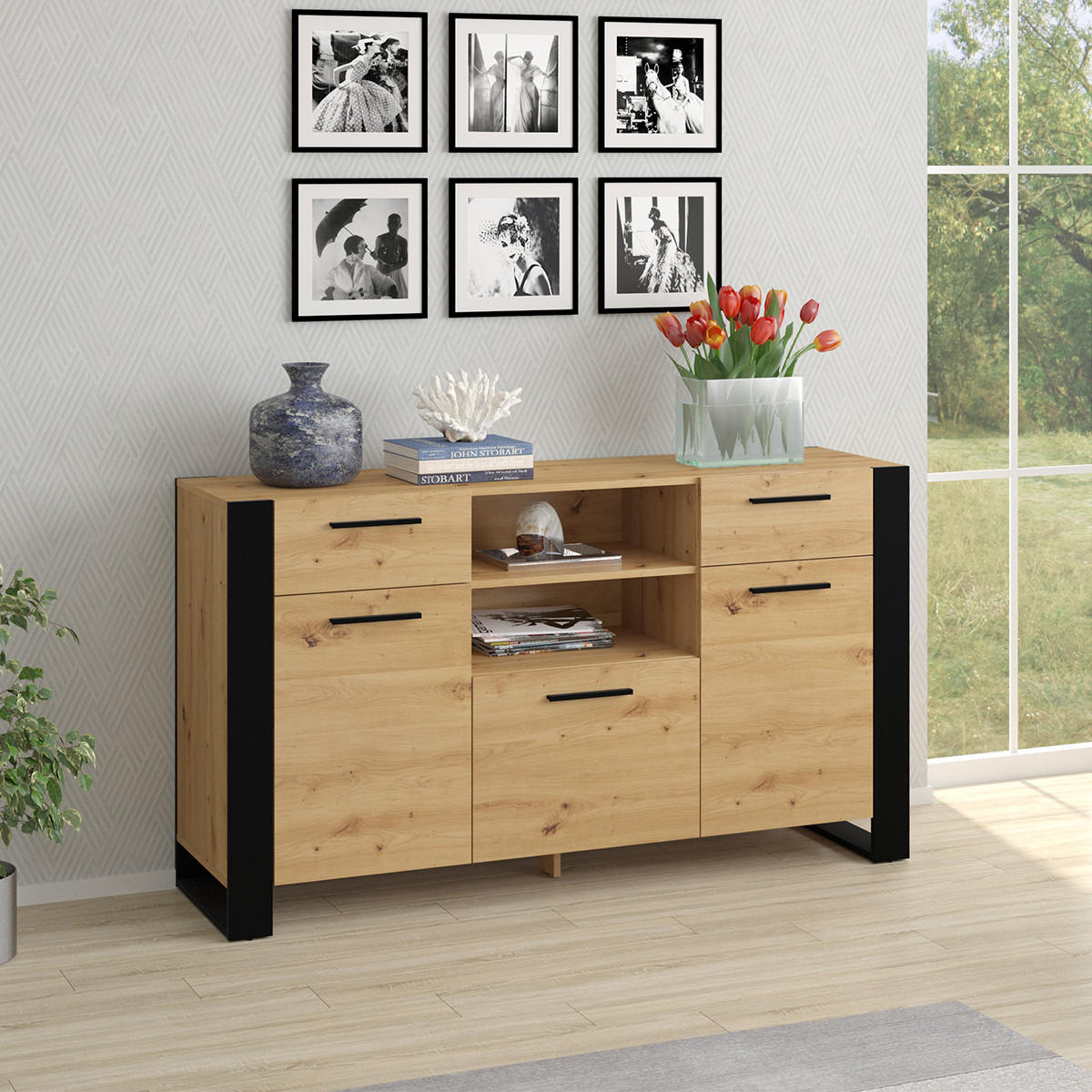 SIDEBOARD Nouka Holz und Schwarz - Schwarz, Holzwerkstoff (155/87/45cm) - Petits-meubles