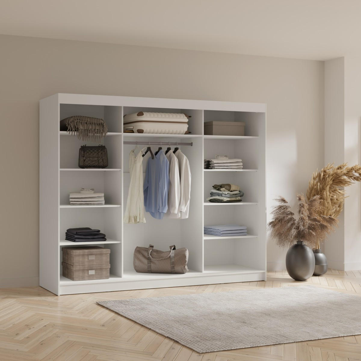 SCHWEBETÜRENSCHRANK mit Spiegel Fiore 3D1L 250 Weiß/Silber - Silberfarben/Weiß, Holzwerkstoff/Metall (250/200/60cm) - mzm24