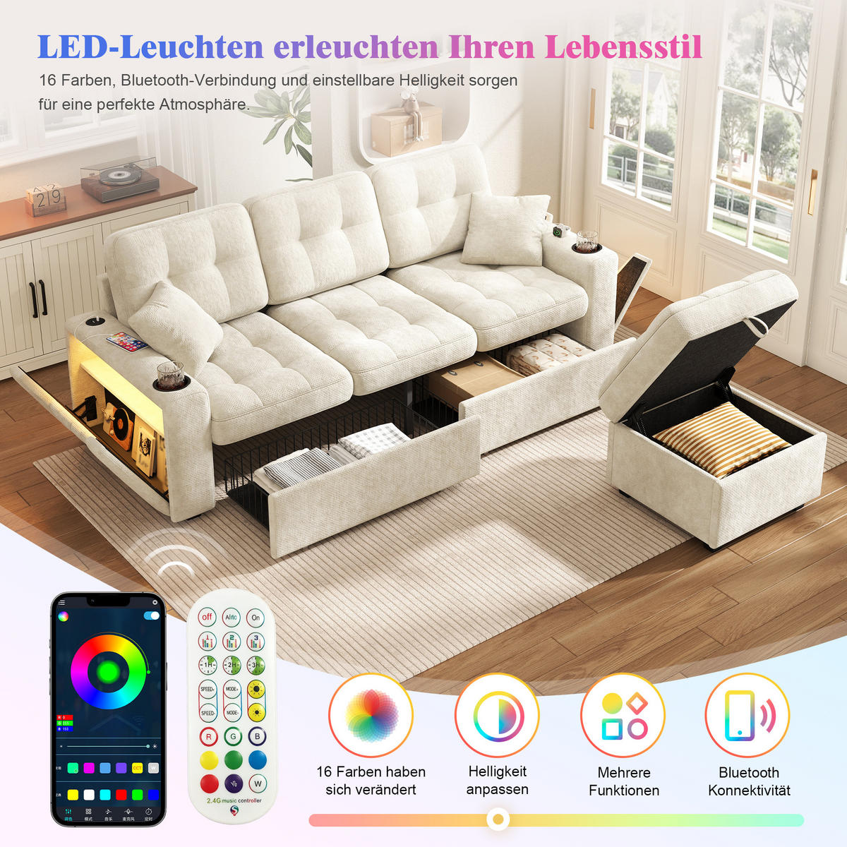 BIGSOFA mit Stauraum-Hocker, USB-C, LED, Becherhaltern und Schubladen aus Chenille - Beige, Textil (194.5/83/133cm) - EVRYAE