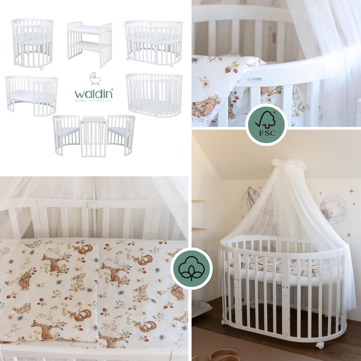 BABYBETT WHITE OVAL 7in1 mit Matratze und Himmelset - Multicolor/Naturfarben, Holz/Textil