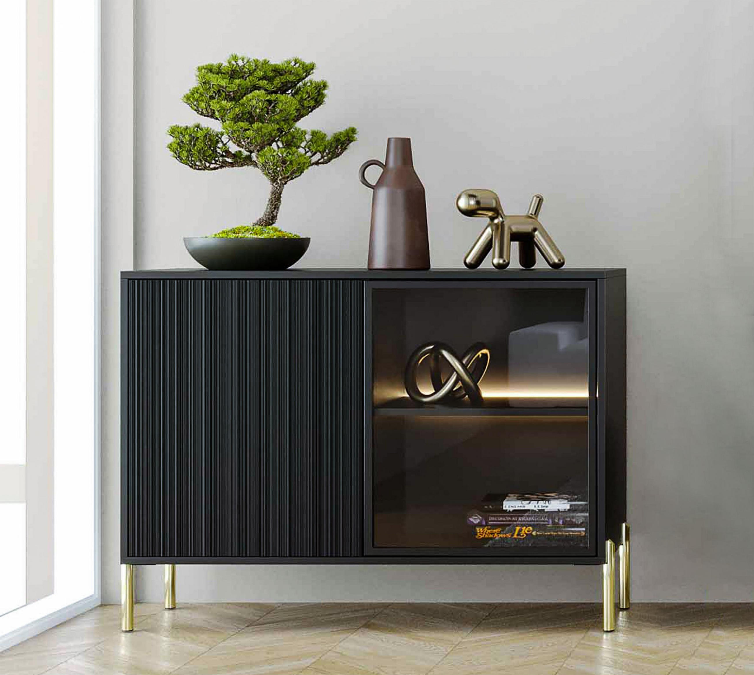 SIDEBOARD Benvie 2T Schwarz 104/80/38 cm – mit Glastüren und goldenen Beinen - Goldfarben/Schwarz, Holzwerkstoff (104/80/38cm) - AX Living