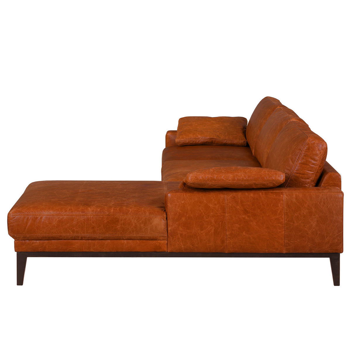 ECKSOFA mit Longchair - Cognac/Dunkelbraun, Leder/Holz (249/171cm) - home24