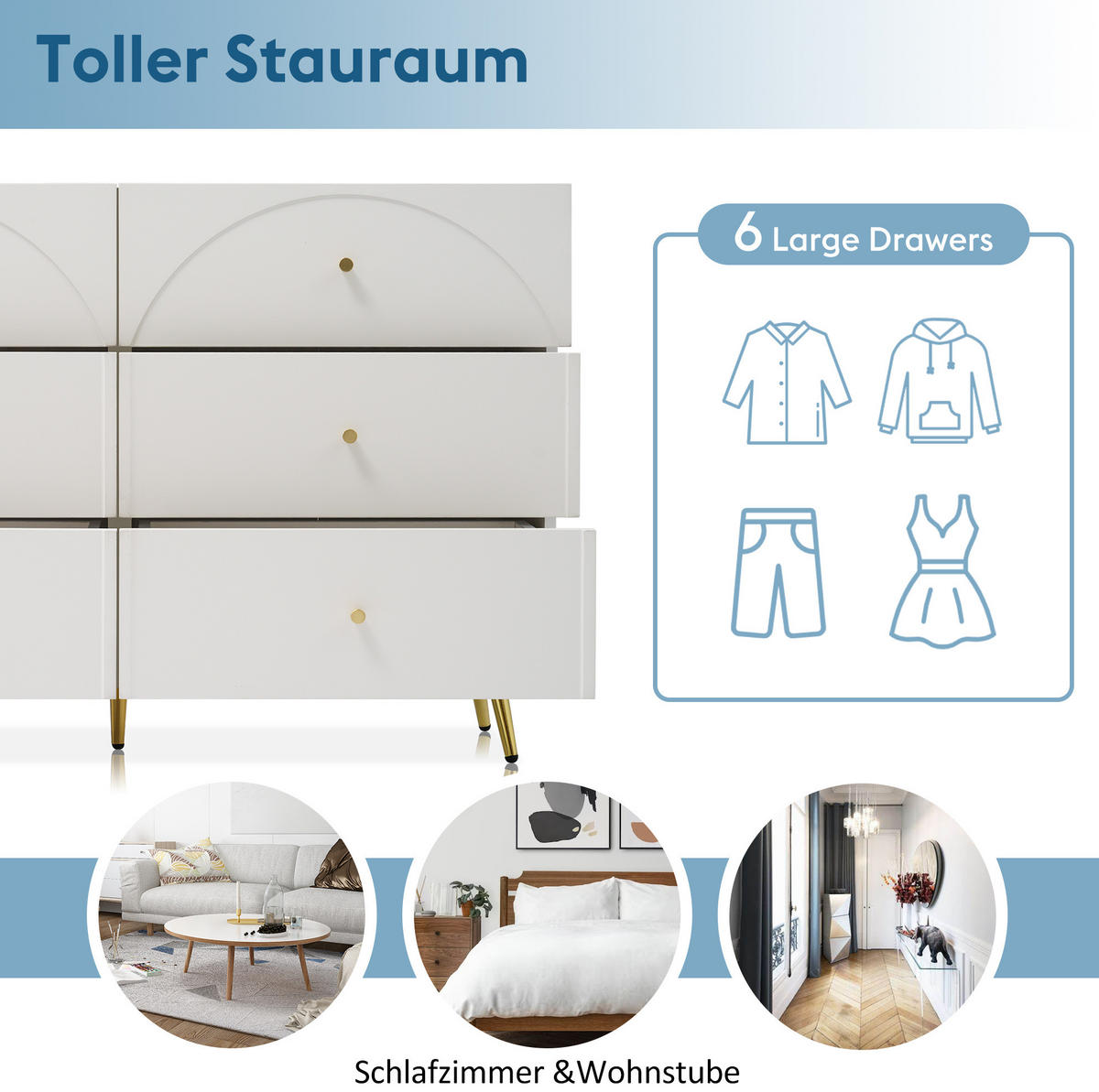KOMMODE 120/85/40 cm Creme-Weiß aus Holz und Metall mit 6 Schubladen - Creme, Holz (85/40/120cm) - OKMYHOME
