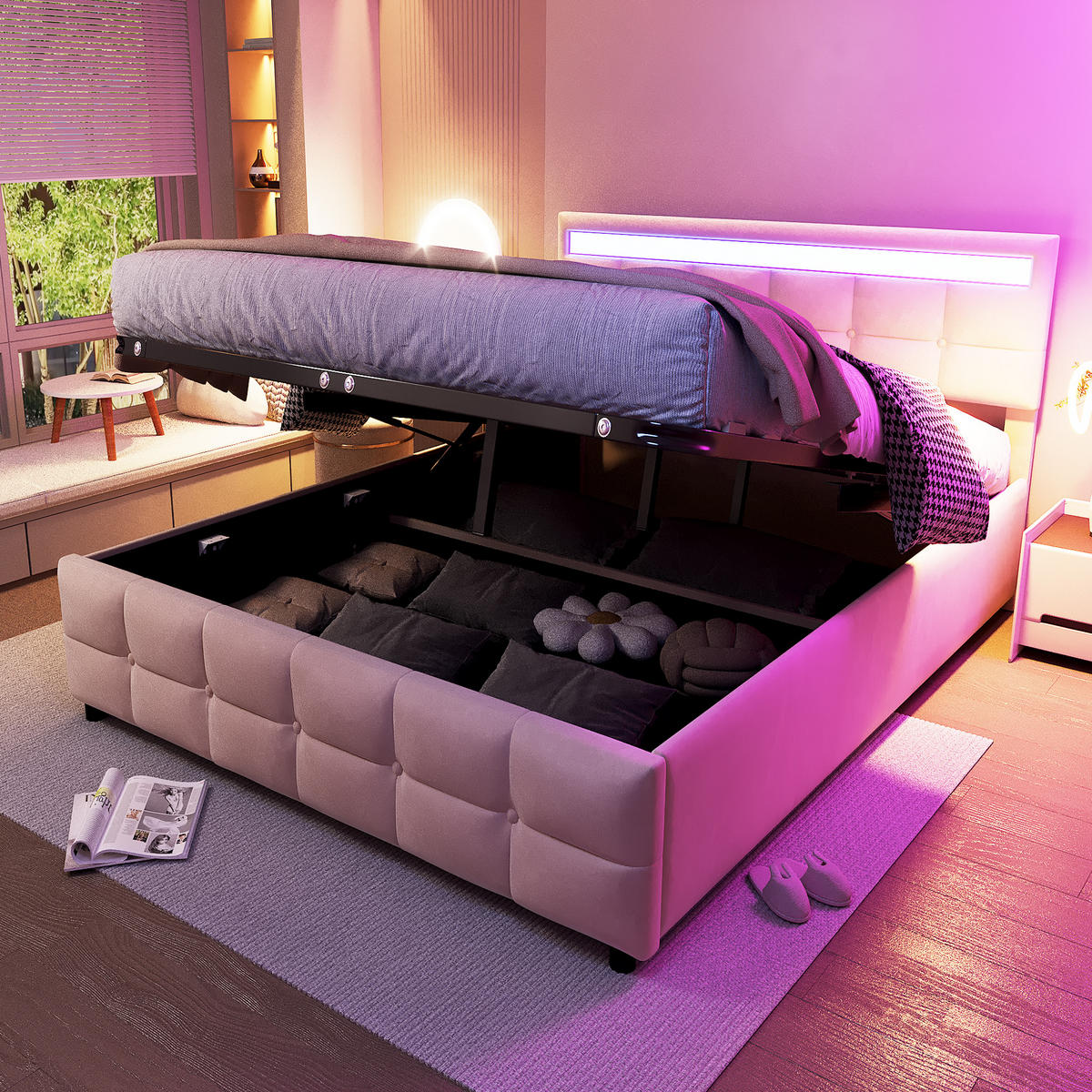 POLSTERBETT 180x200 Beige Samt LED Stauraum - Beige, Textil (180/200cm) - FLIEKS