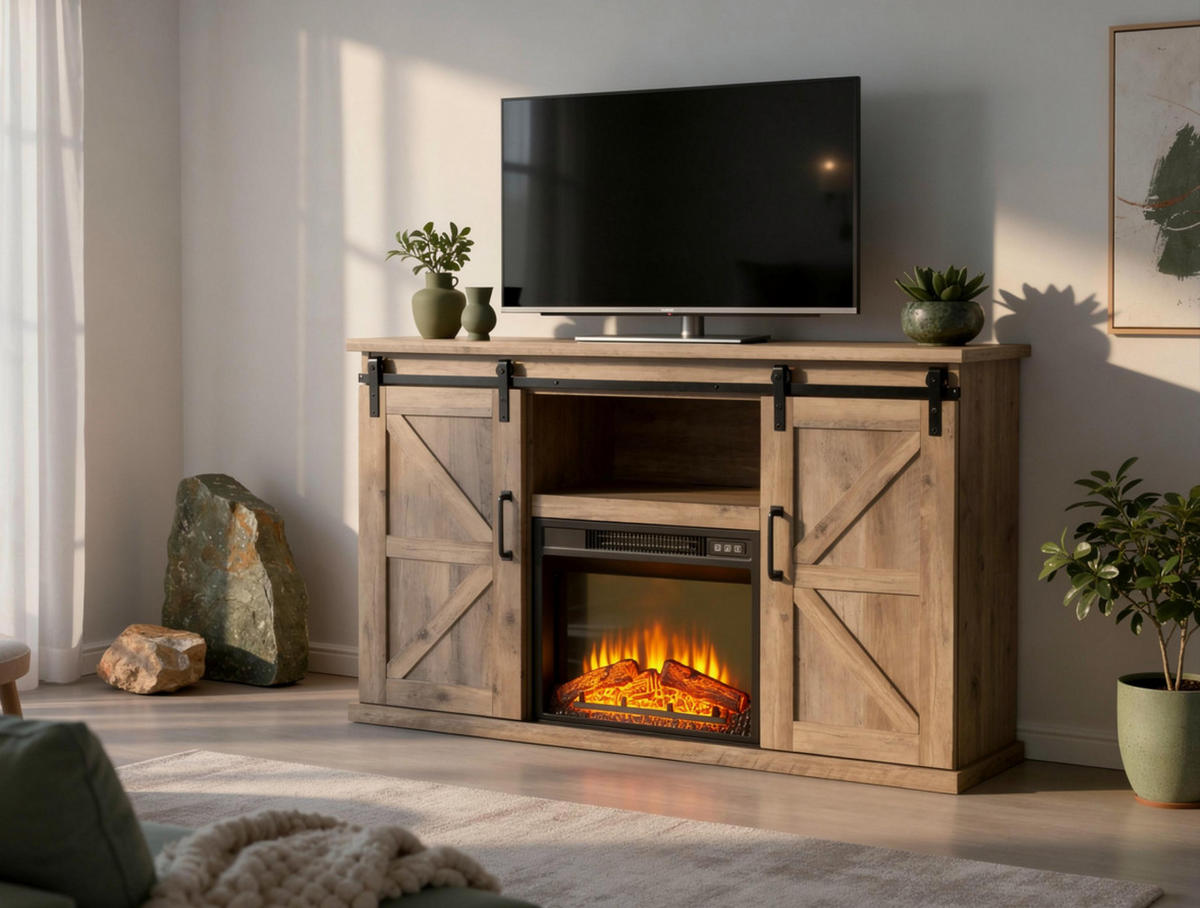 ELEKTROKAMIN in rustikaler Anrichte Hellbraun mit elektrischem Kamin und Heizung 2000 W - Hellbraun, Glas (137/82/40cm) - Purline