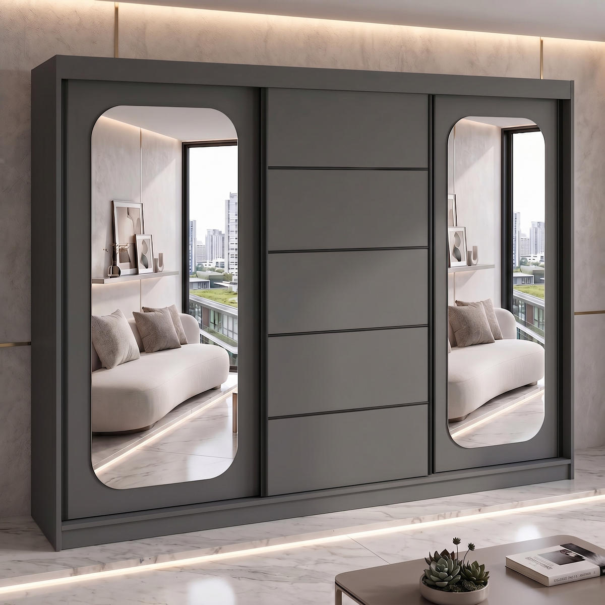 SCHWEBETÜRENSCHRANK BELANO 200 cm. Innenausstattung: Comfort plus - Graphitfarben, Holzwerkstoff (200/215/59.5cm) - A&J MöbelLand
