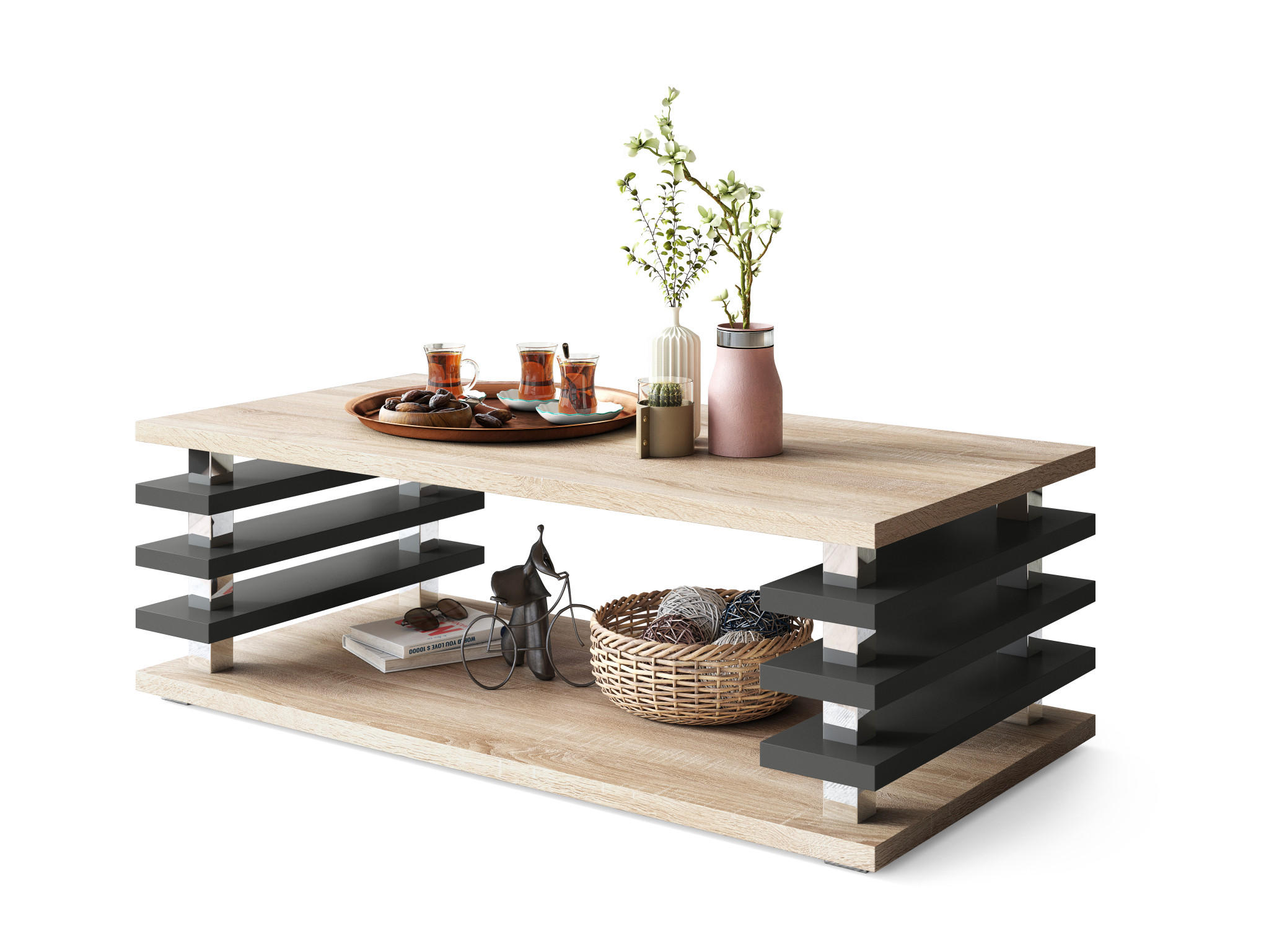 COUCHTISCH rechteckig Sonoma Eiche Anthrazit Ablage 120/40/60 cm - Anthrazit/Sonoma Eiche, Holzwerkstoff (60/120/40cm) - designimpex