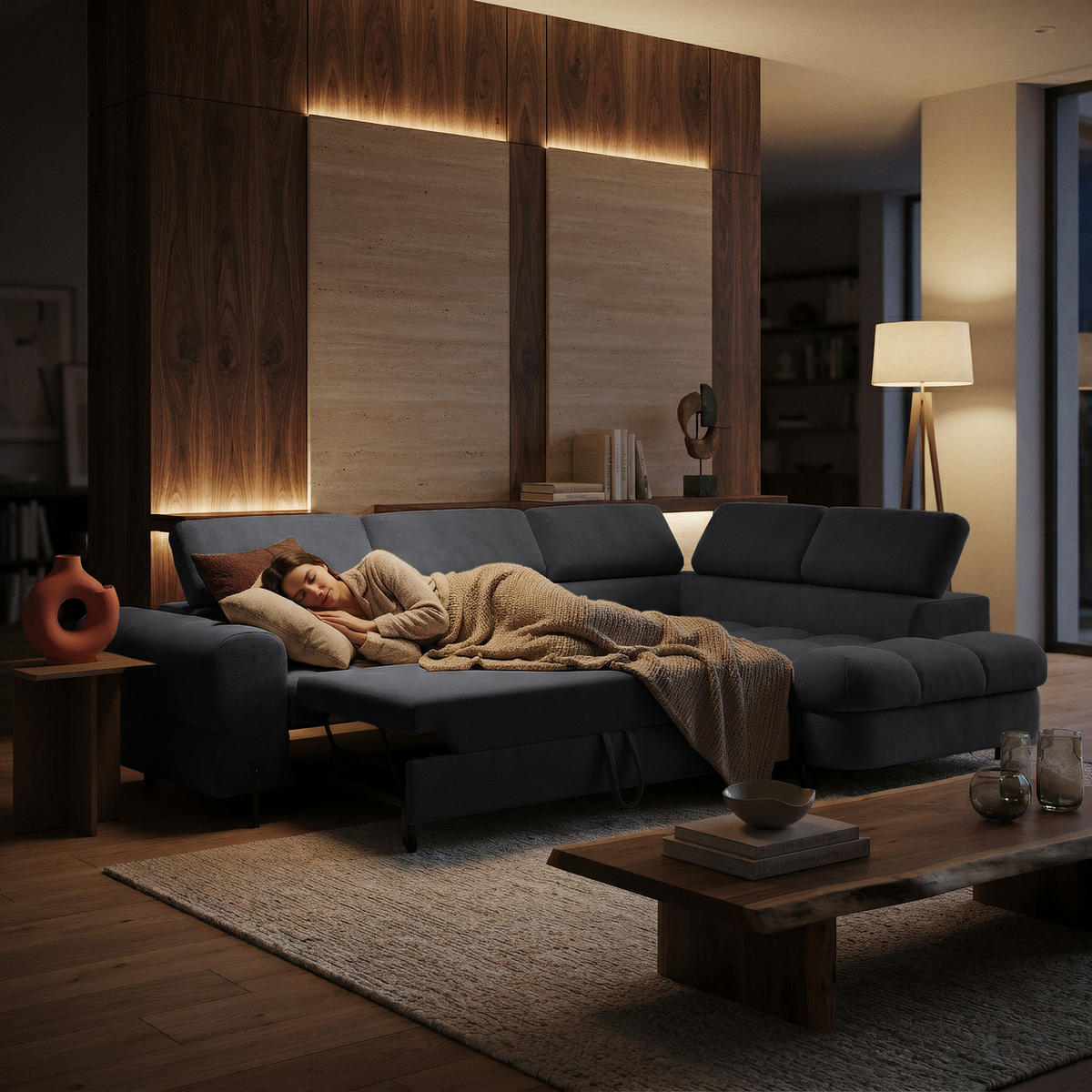 ECKSOFA BOWL L Rechts mit Schlaffunktion 125x195 Velours Dunkelgrau - Dunkelgrau/Schwarz, Holz/Textil (195/260cm) - Muffo