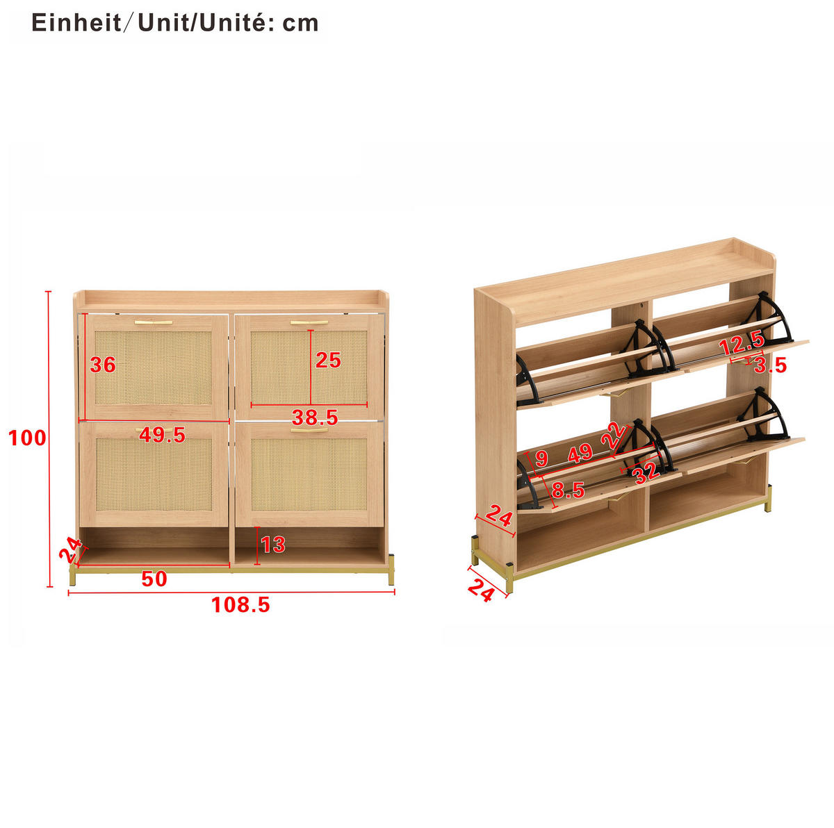 SCHUHSCHRANK 108,5/24/100 cm in Hell-Eiche mit 4 Türen und Metallgestell - Eichefarben, Holzwerkstoff (108.5/100/24cm) - BEAOK