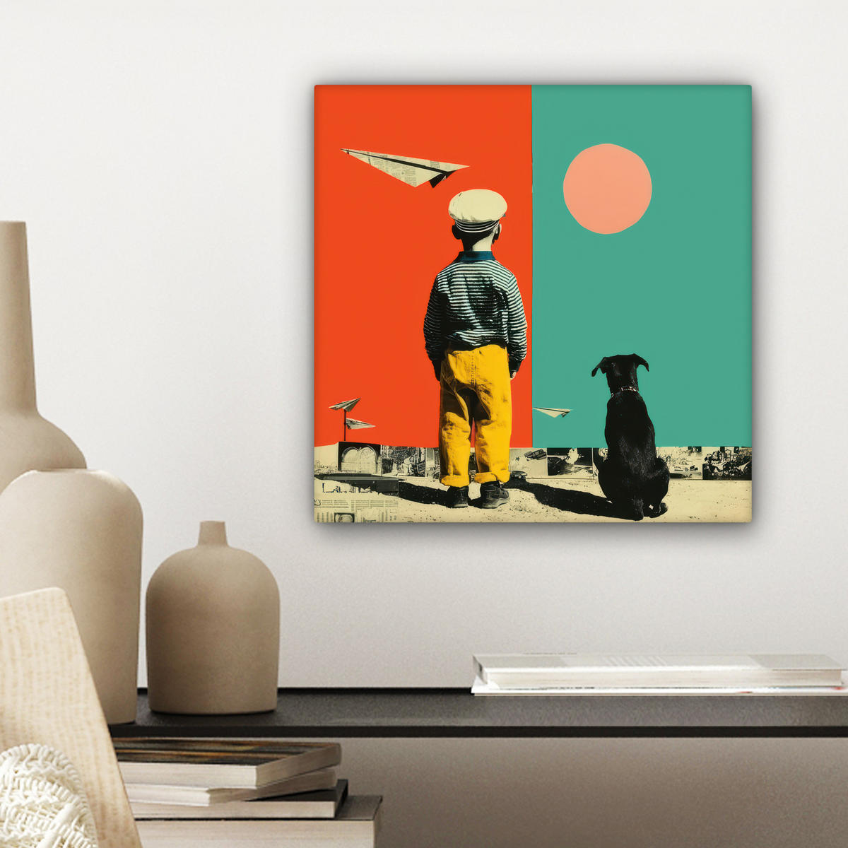 LEINWANDBILD Retro - Junge - Hund - Rot - Grün Deko Wohnzimmer 20x20 cm - Orange, Textil (20/20cm) - MuchoWow