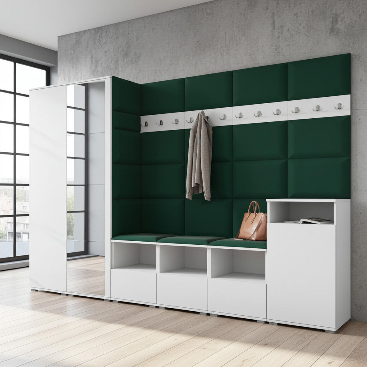 GARDEROBE NELA XII 300 cm (Modulare Flurmöbel Weiß mit Spiegel & Sitzpolster Flaschengrün 28 Gigantisches Set) - Dunkelgrün/Silberfarben, Holz/Holzwerkstoff (300/187/40cm) - Ravio