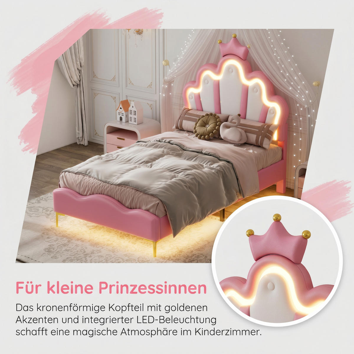 KINDERBETT 90 x 200 cm mit LED-Beleuchtung und höhenverstellbarem Kopfteil - Goldfarben/Rosa, Leder/Holz (90/200cm) - PARAFTA HOME