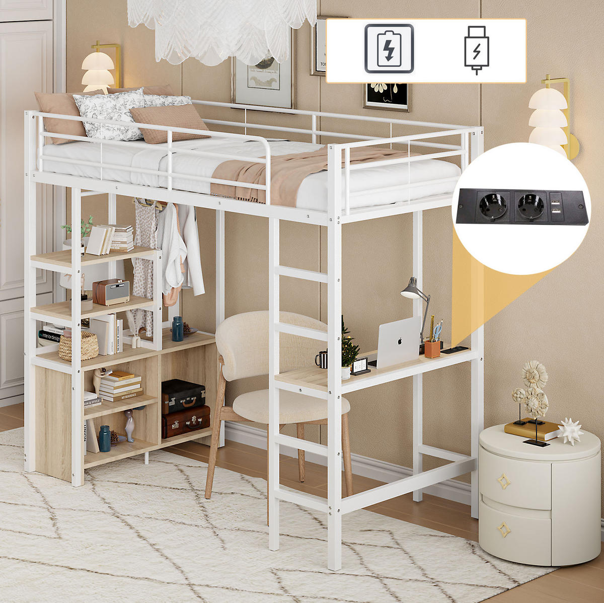 HOCHBETT mit Schreibtisch 90/200 cm in Weiß – mit Regalen, USB und Rausfallschutz - Weiß, Metall (90/200cm) - BEAOK