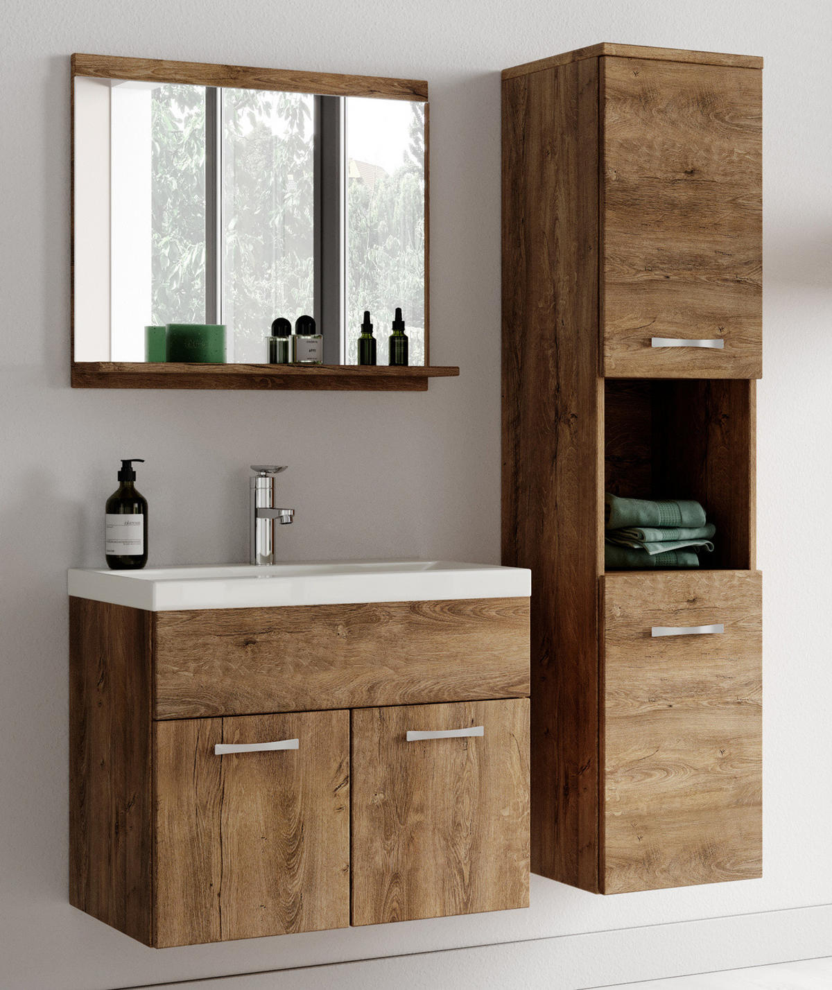 BADMÖBEL-SET Montreal 02 3 Teile Braun Eiche - 60 x 35 x 51 cm - Chromfarben/Eichefarben, Holz/Metall (60/51/35cm) - Badplaats