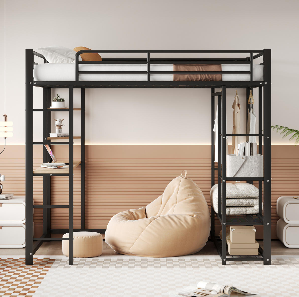 HOCHBETT 140/200 cm Schwarz mit Schreibtisch und Regal ohne Matratze - Schwarz, Metall (140/200cm) - MIVRAY