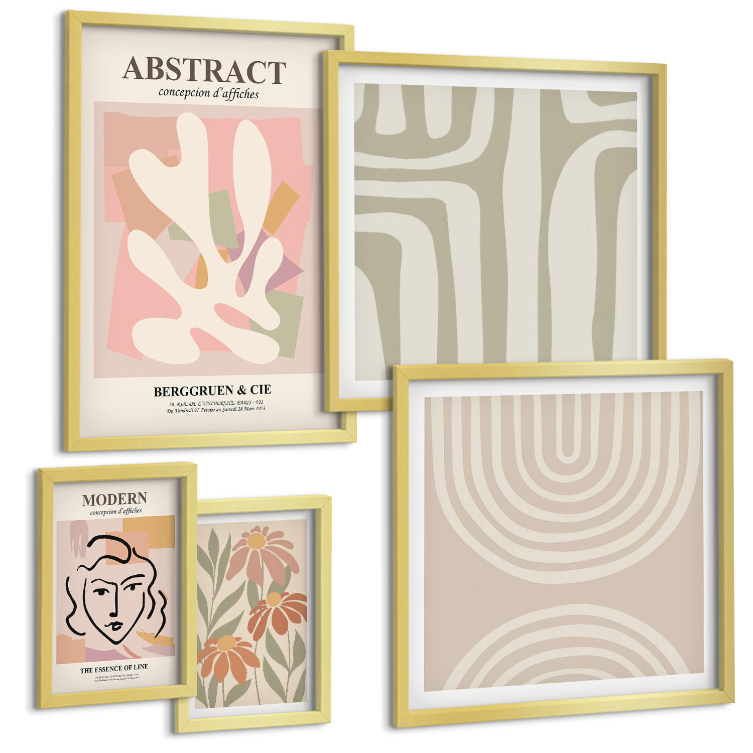 BILDER SET 5er Set - 50x50 cm & 20x30 cm & 40x60 cm Goldrahmen - Abstrakte Pflanzenformen - Goldfarben, Kunststoff (40/60cm) - TULUP