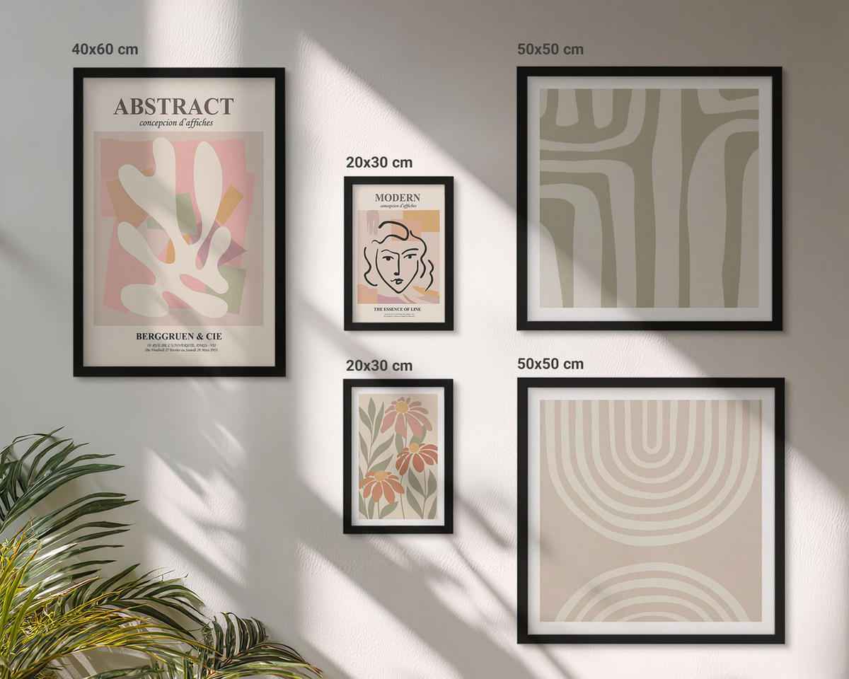 WANDBILDER 5er-Set - 50x50 cm & 20x30 cm & 40x60 cm Schwarzer Rahmen - Abstrakte Pflanzenformen - Schwarz, Kunststoff (40/60cm) - ArtPrintCave