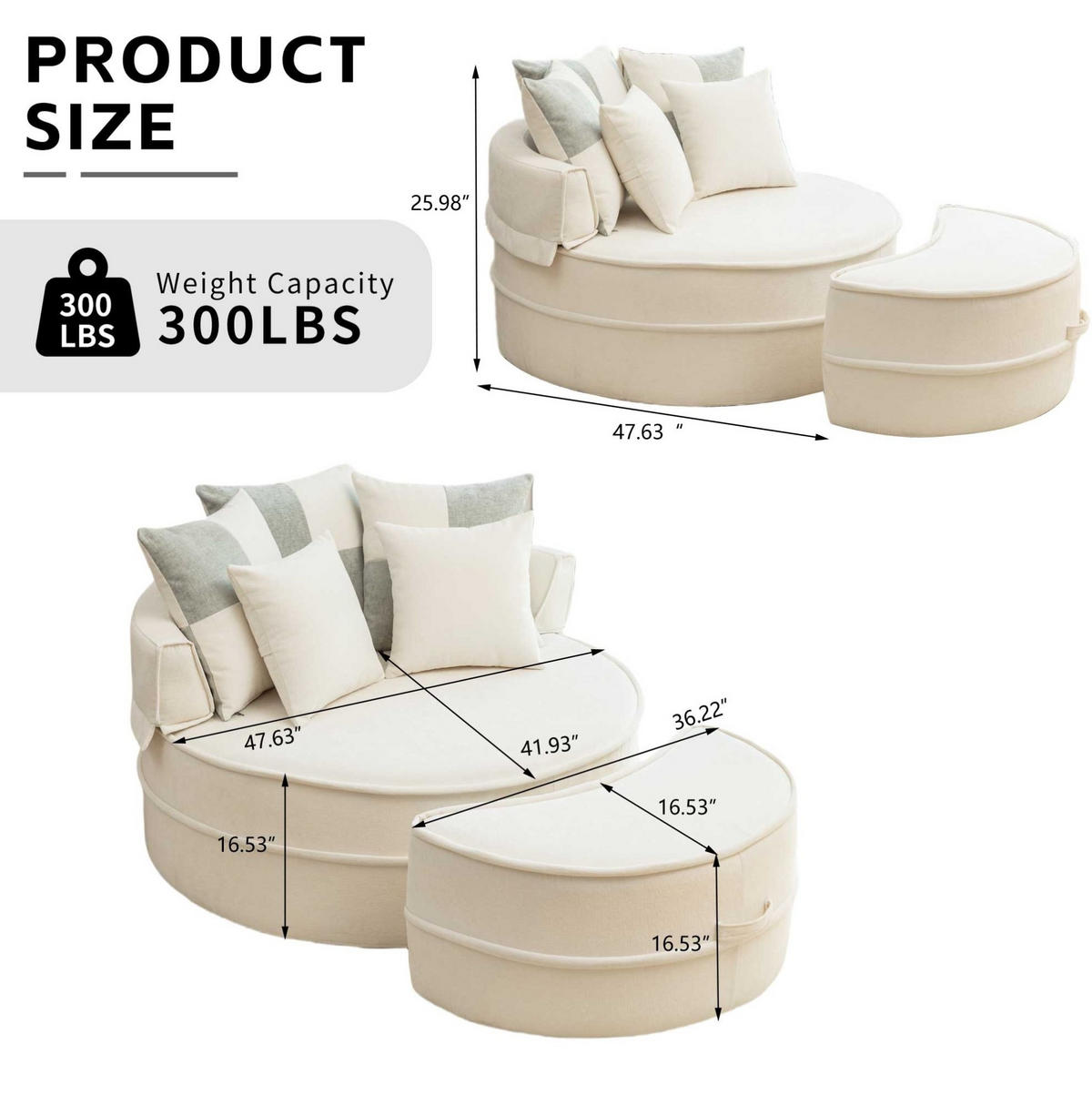 LOUNGESESSEL 121/107/42 cm mit Ottomane, 5 Kissen und Chenille-Bezug, Beige - Beige, Kunststoff (121/66/163cm) - Redom