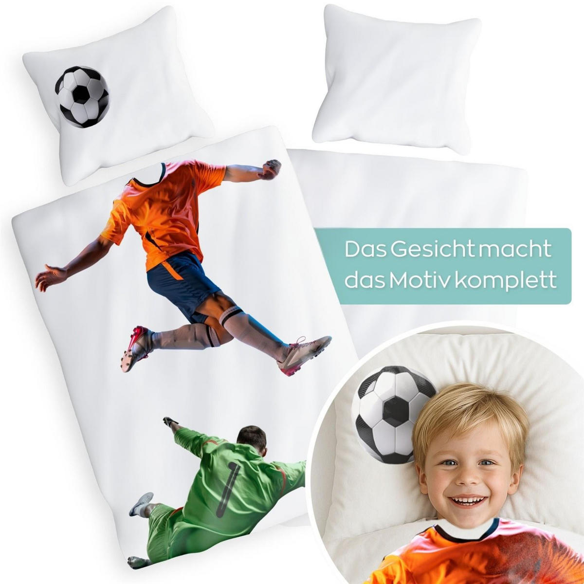 KINDERBETTWÄSCHE 135x200 Fussball aus 100% Baumwolle - Dein Gesicht vervollständigt das Design der Kinder Bettwäsche - Weiß, Textil (135/200cm) - Carpe Sonno