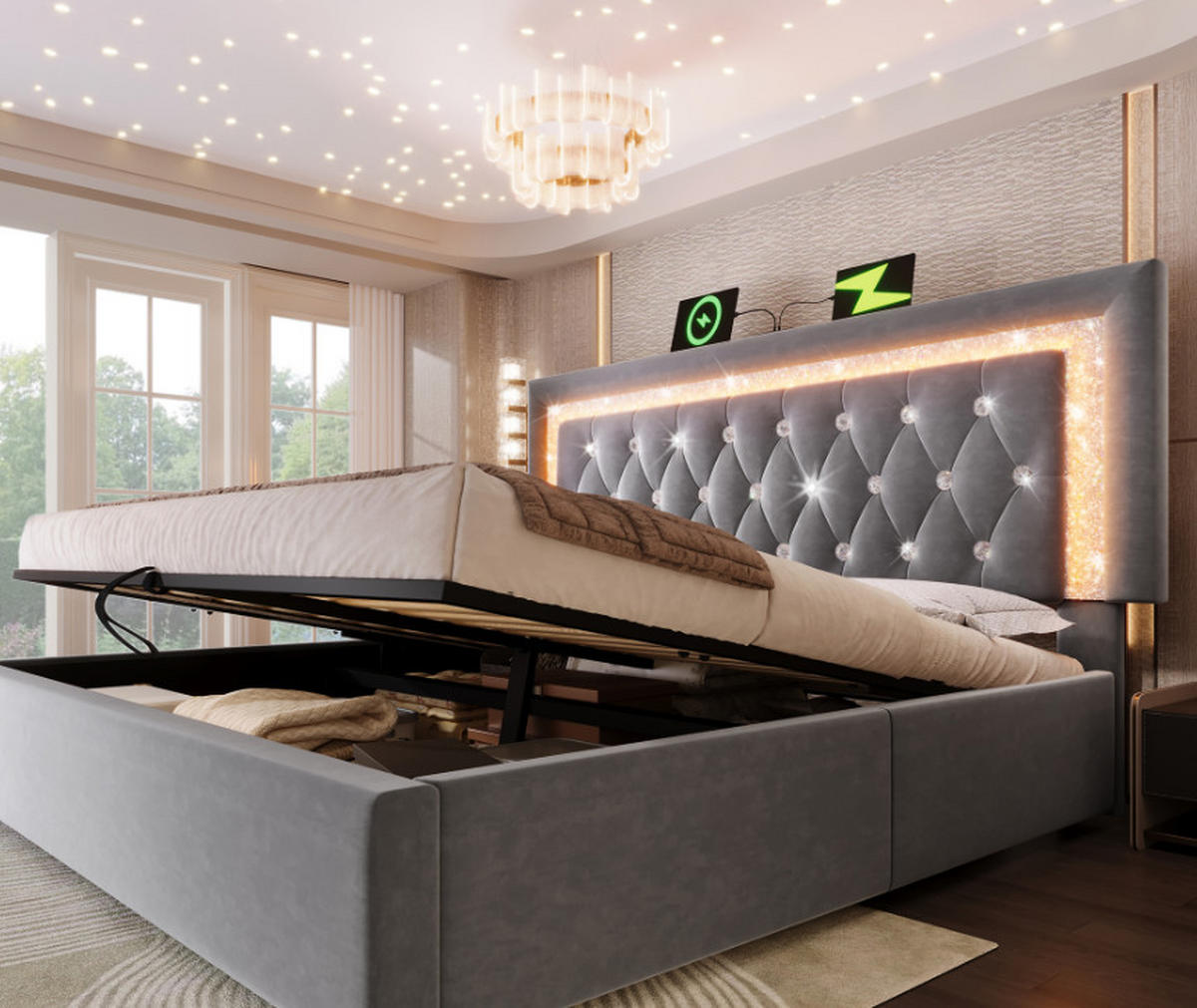 BETT mit Bettkasten, LED & USB 160x200 cm Samt Grau mit Matratze - Grau, Metall (160/200cm) - Meubliv