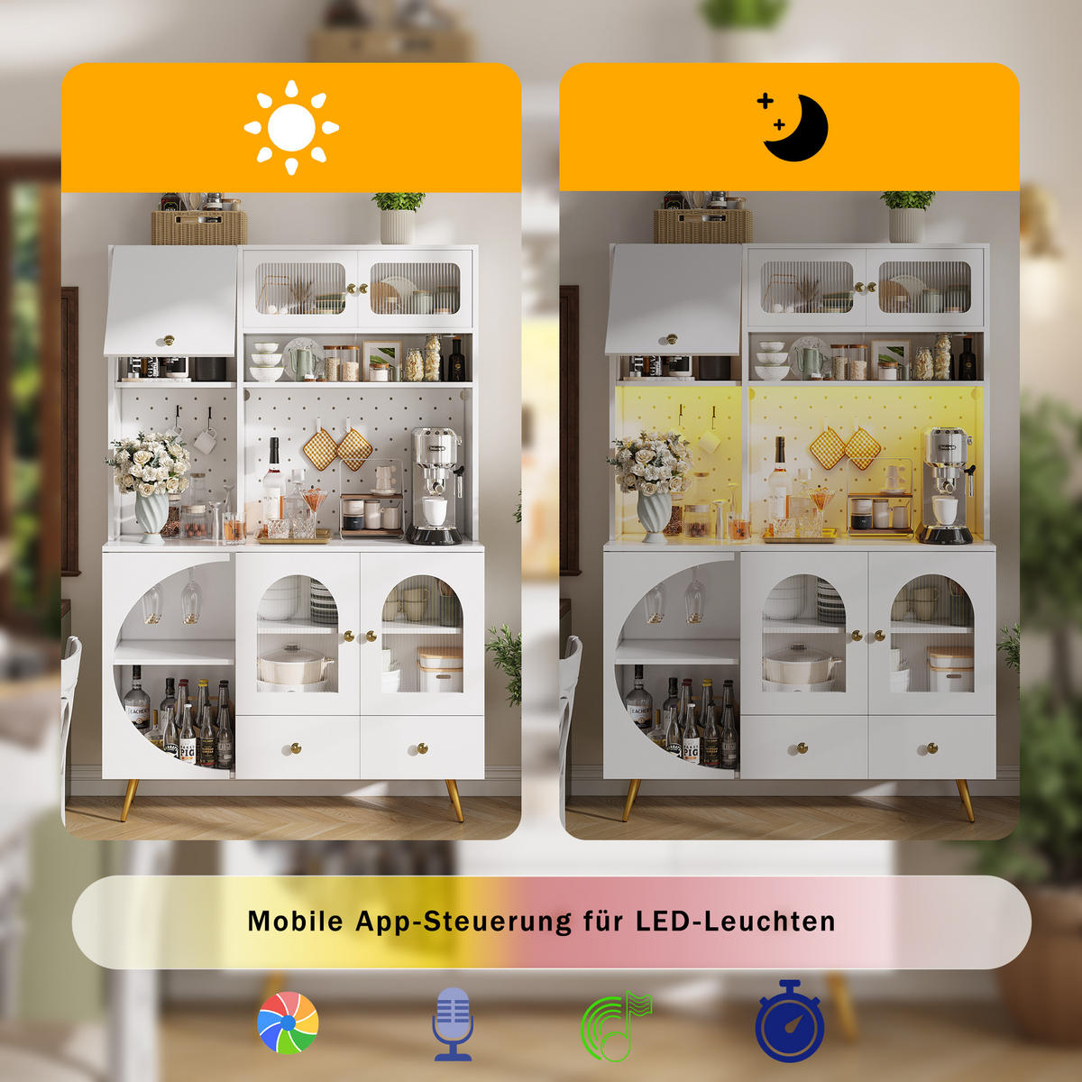 HIGHBOARD in Weiß Küchenschrank mit LED-Lichtleiste und Schubladen für Küche und Wohnzimmer, B120/T40/H176 cm - Goldfarben/Weiß, Glas/Holzwerkstoff (120/176/40cm) - STILVORA